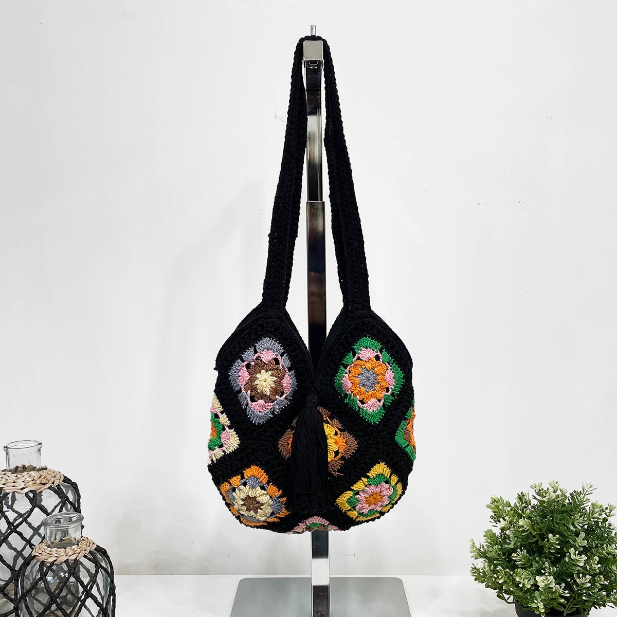 Laya Cotton Crochet Shoulder Bags- Black