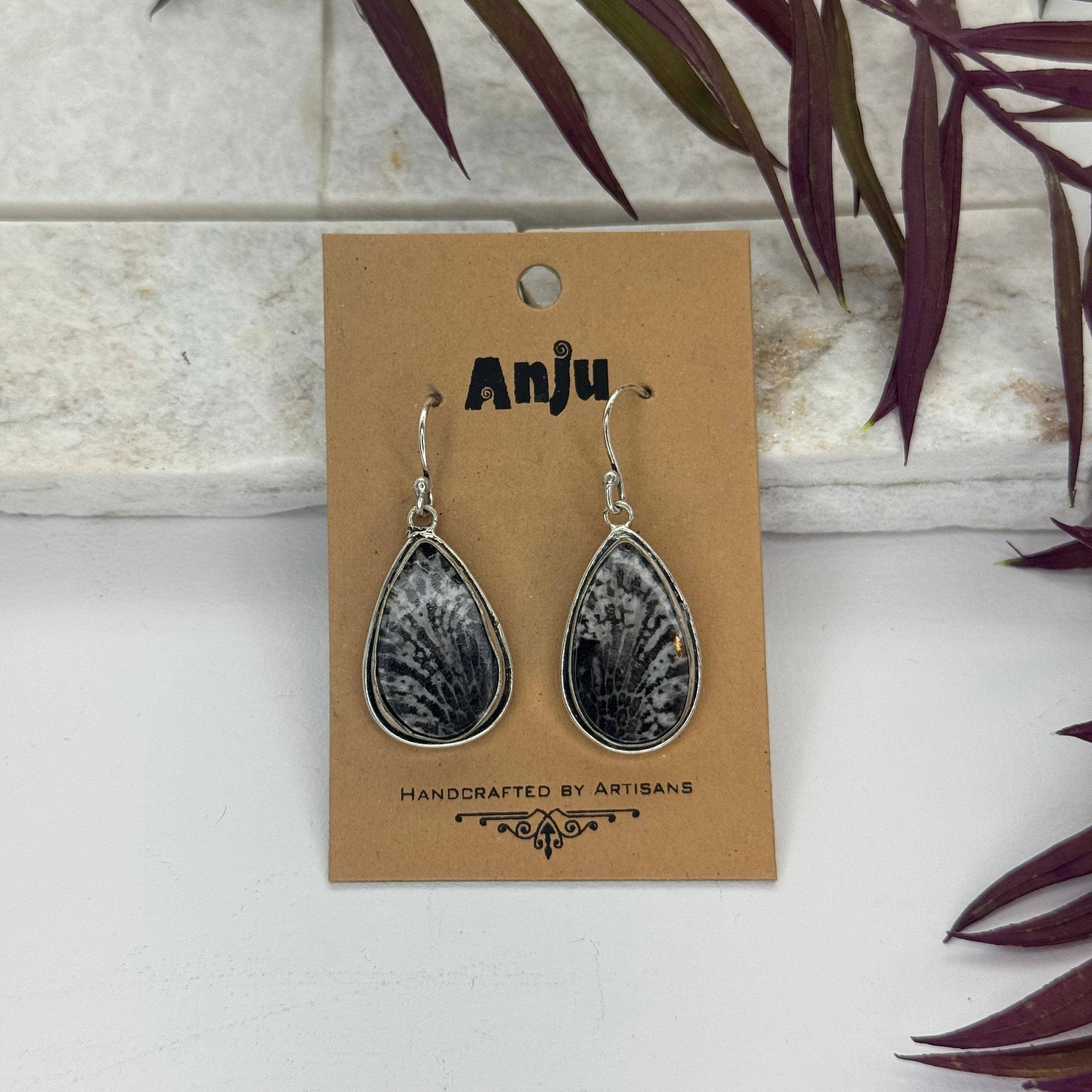 Handcrafted Semiprecious Stone Earrings - Black Fossil Coral