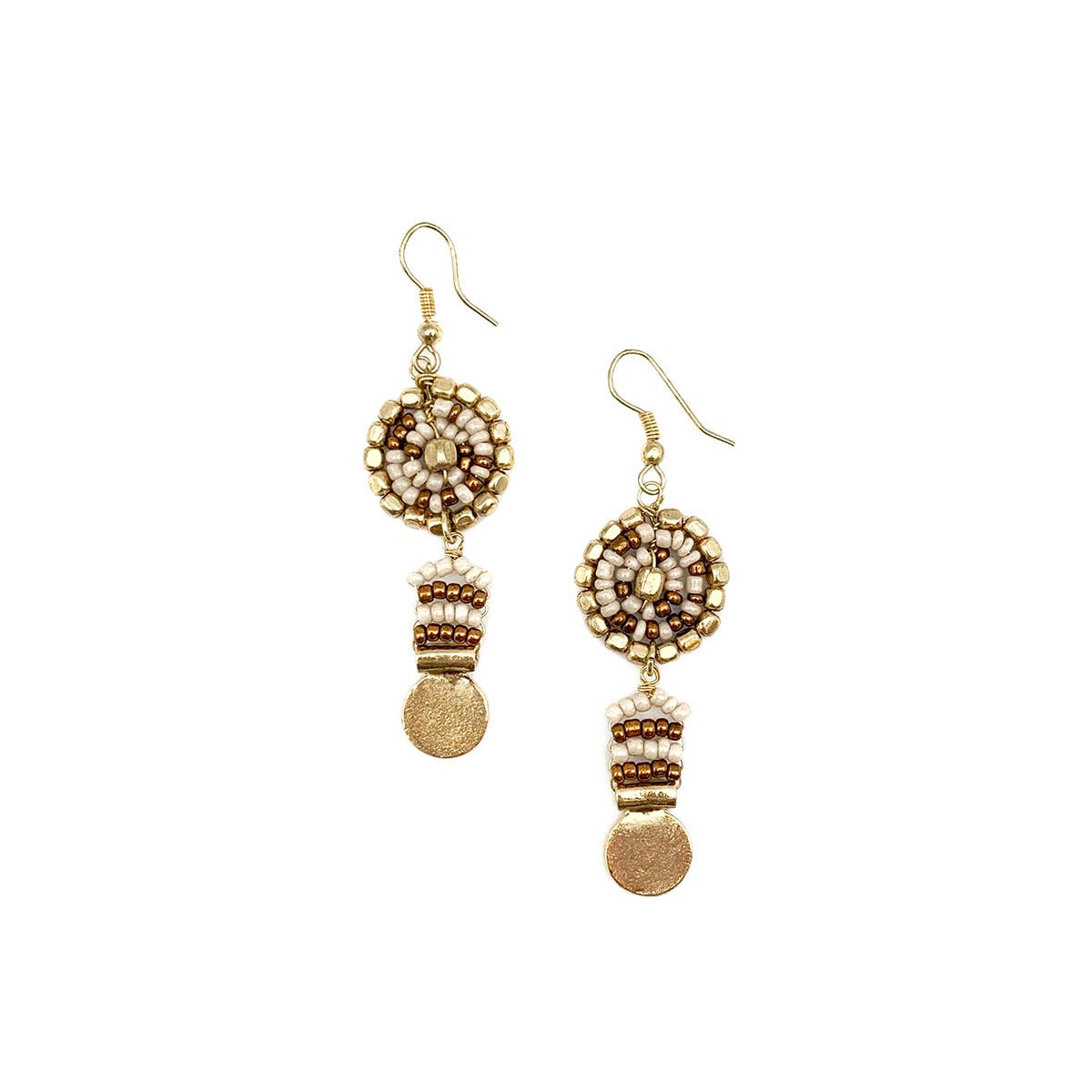 Sachi Coffee & Cream Collection Earrings - Bead & Gold Discs
