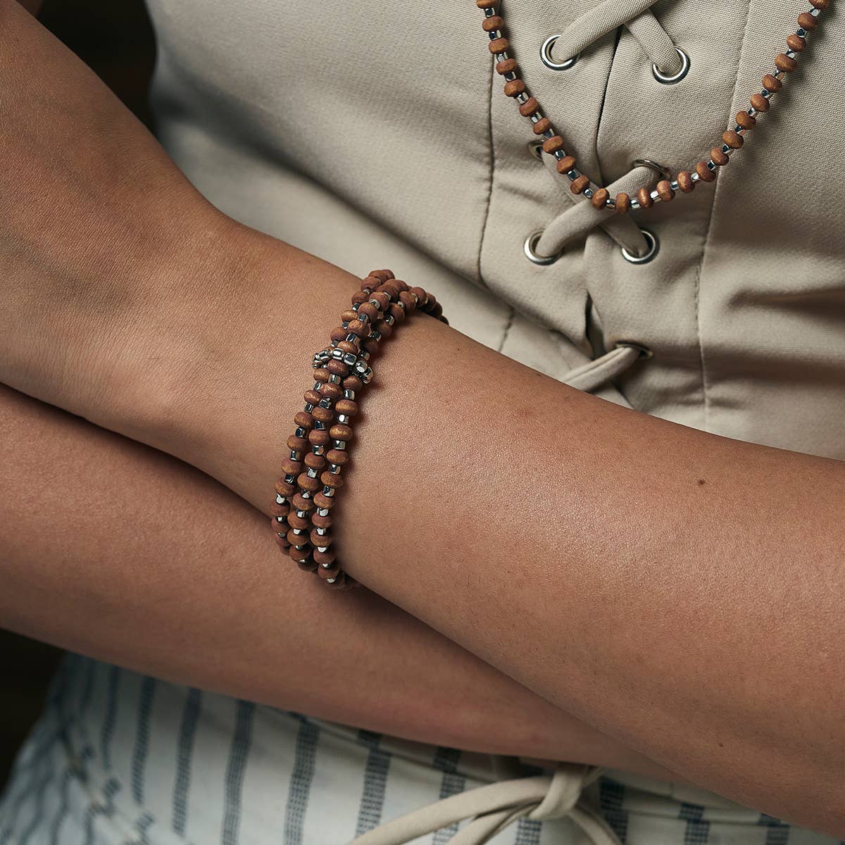 Sachi Wood Bead Wrap Bracelet - Brown