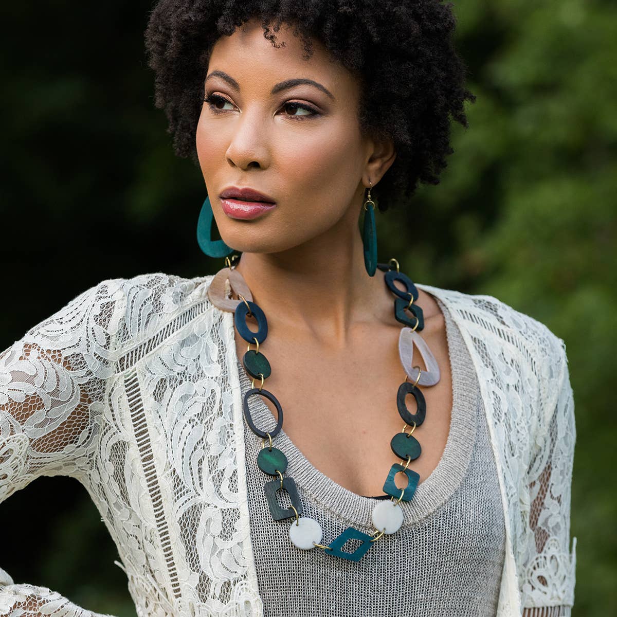 Omala Misty Greens Collection Necklace - Mixed Shapes Links