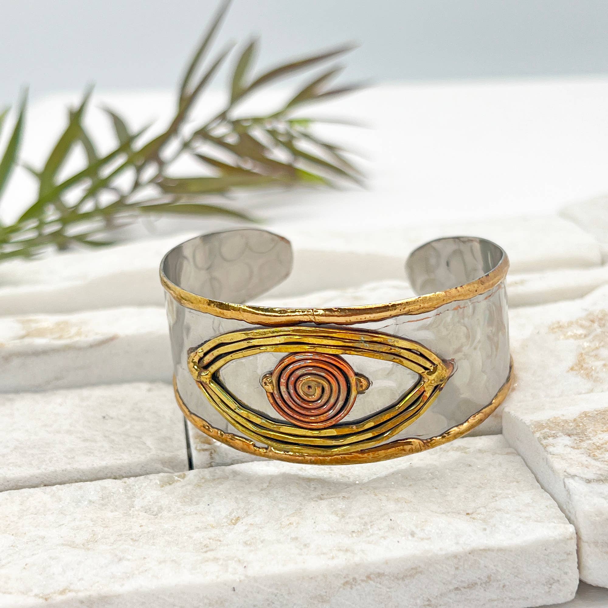Handcrafted Mixed Metal Cuff - Evil Eye Spiral