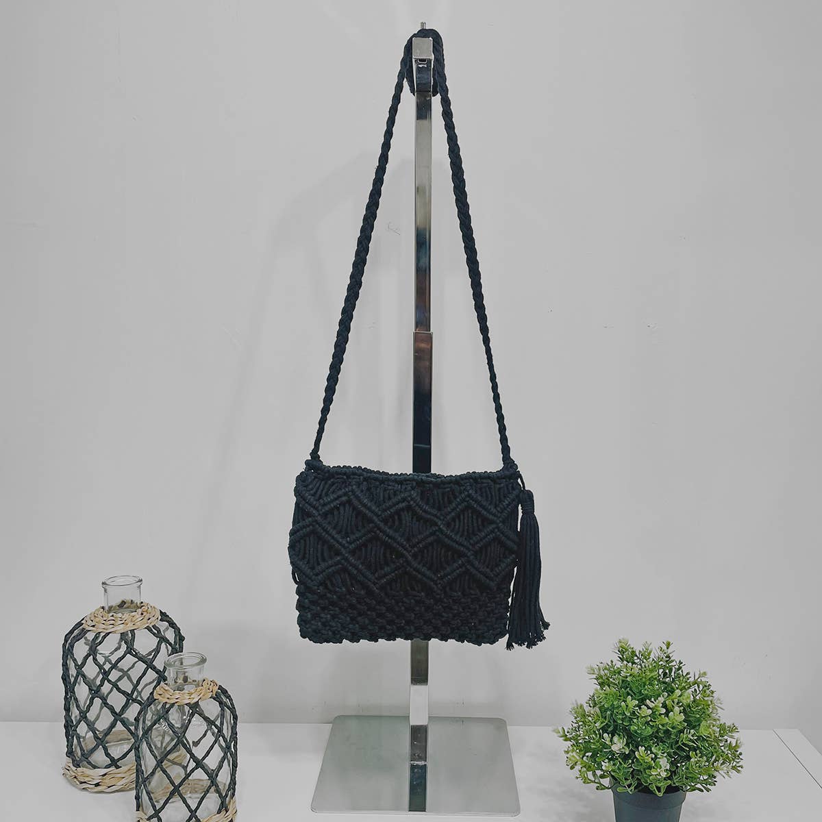 Adira Woven Cotton Crossbody Macrame Bags - Black