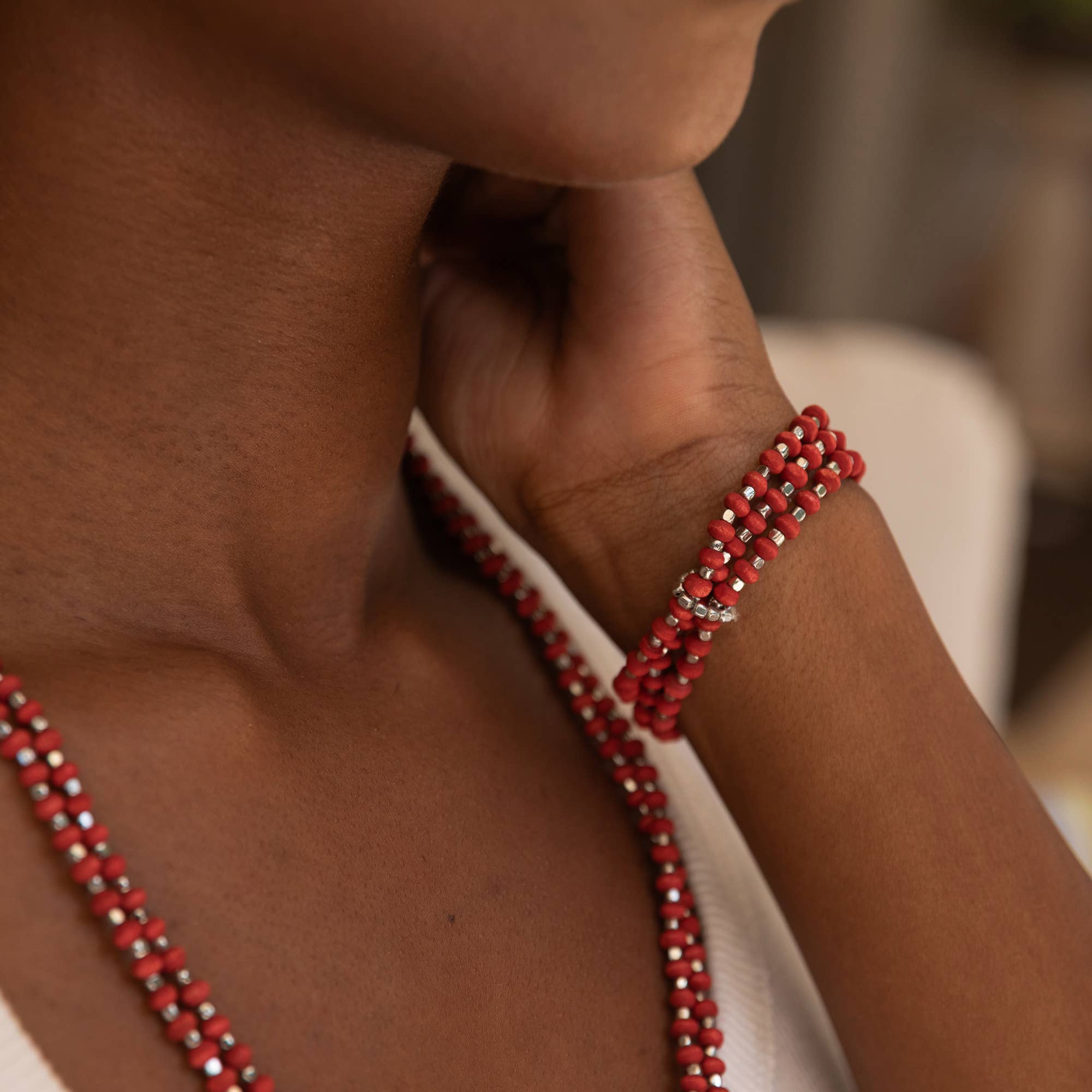 Sachi Wood Bead Wrap Bracelet - Red
