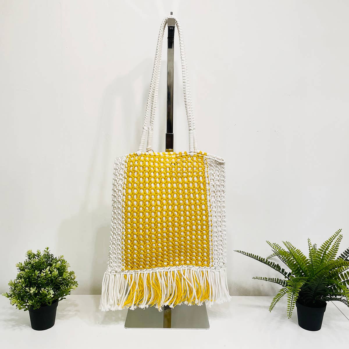 Millie Bag - Knitted Raffia Bag with fringes - Yellow