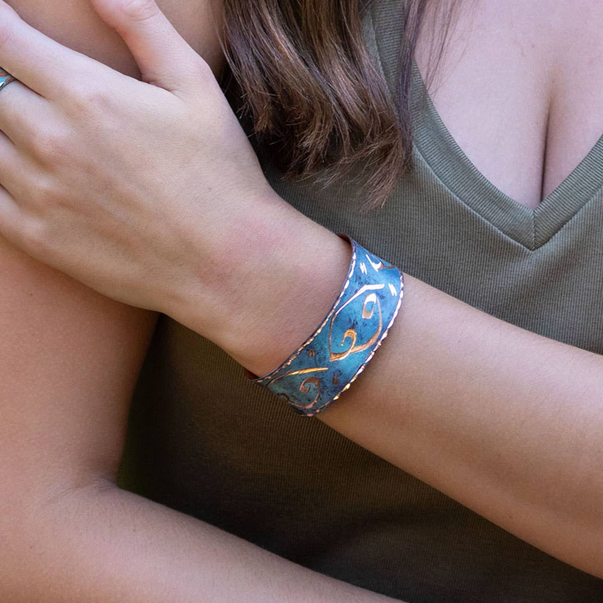 Patina Engraved Copper Earring and Cuff PrePack w. Display