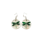 Pewter Earrings with Color Enamel - Dragonfly in Green/White