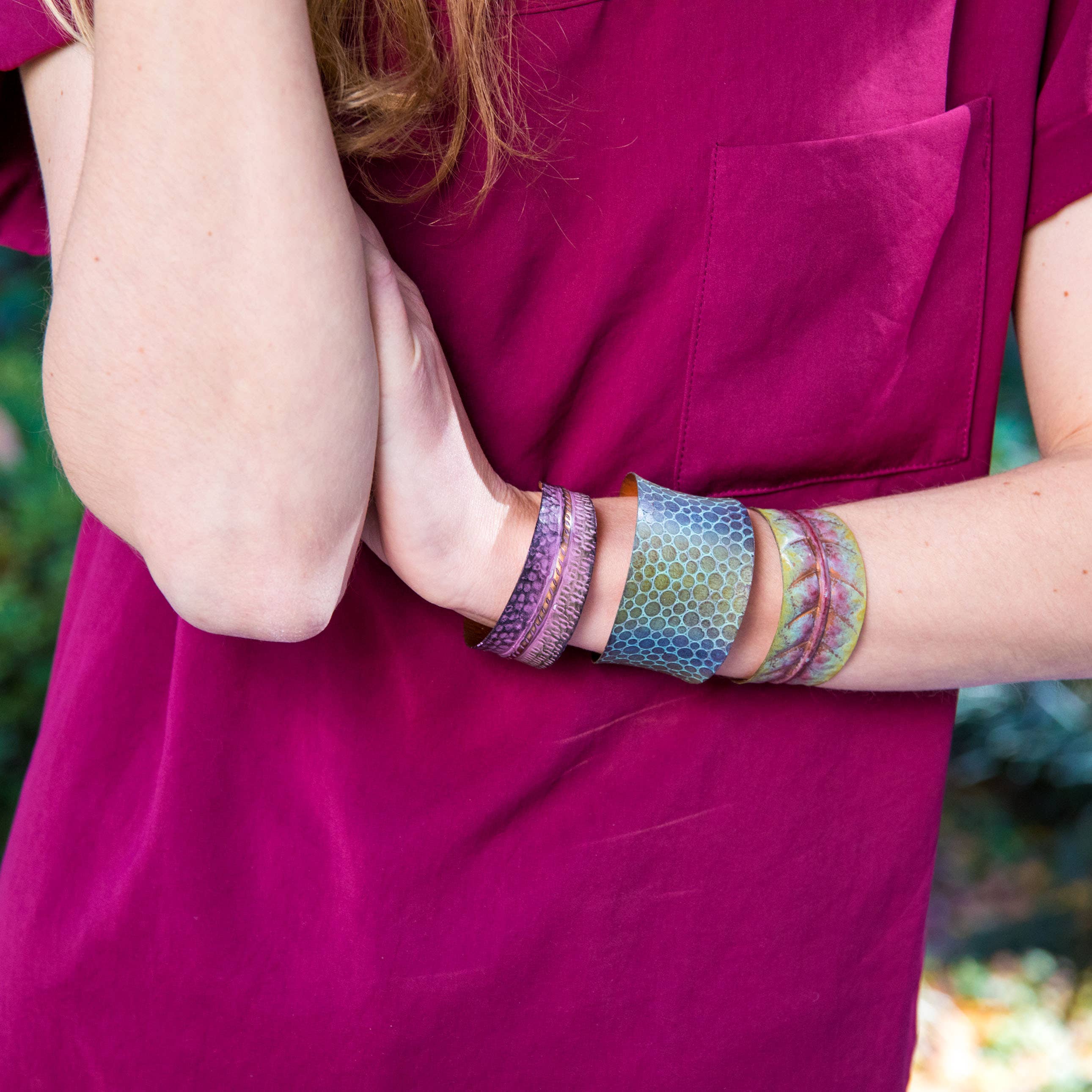 Copper Patina 24 Bracelets and Wooden Display Prepack
