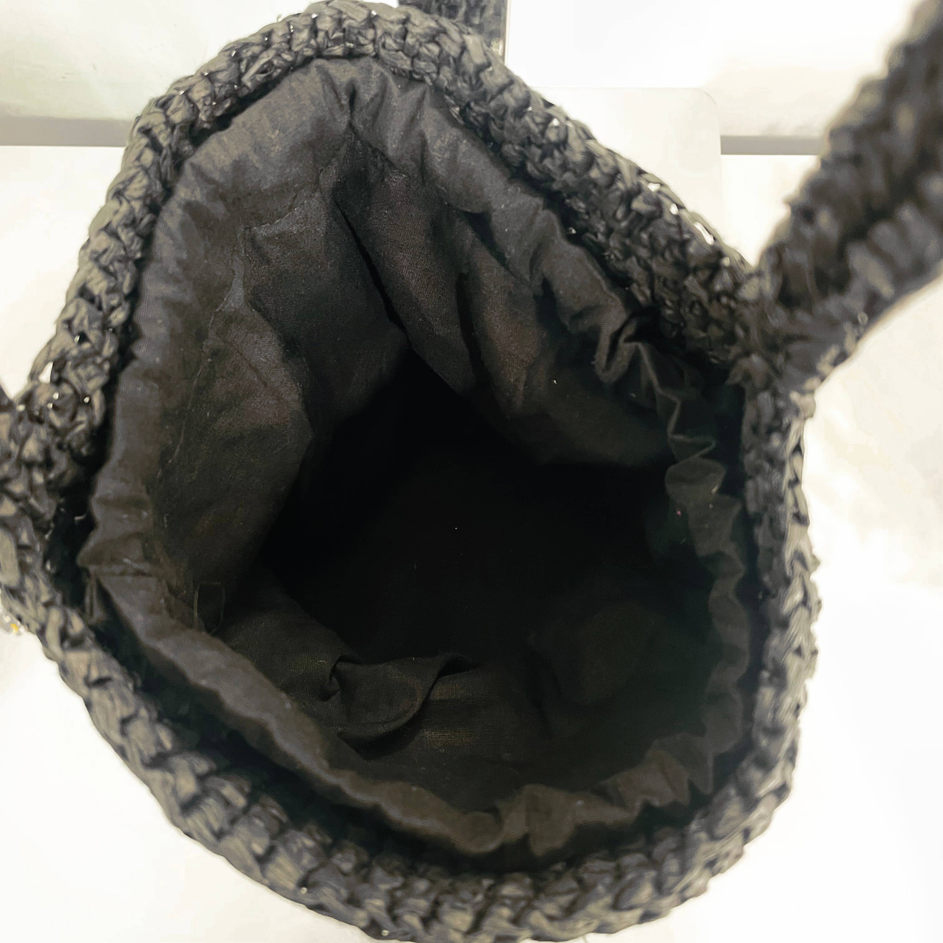 Sylvie Bag - Raffia Bucket Bag with Rhinestones - Black