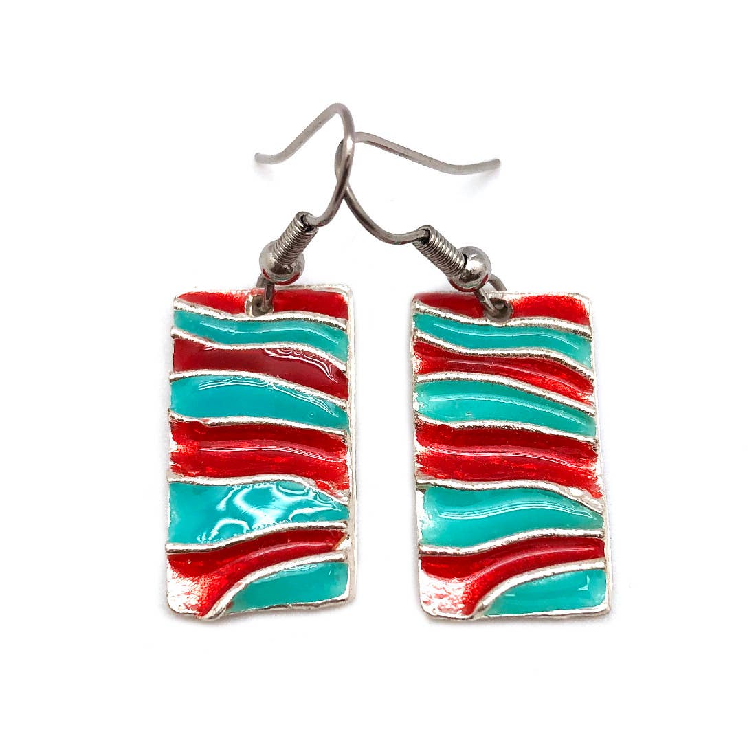 Pewter Earrings with Color Enamel - Red/Aqua