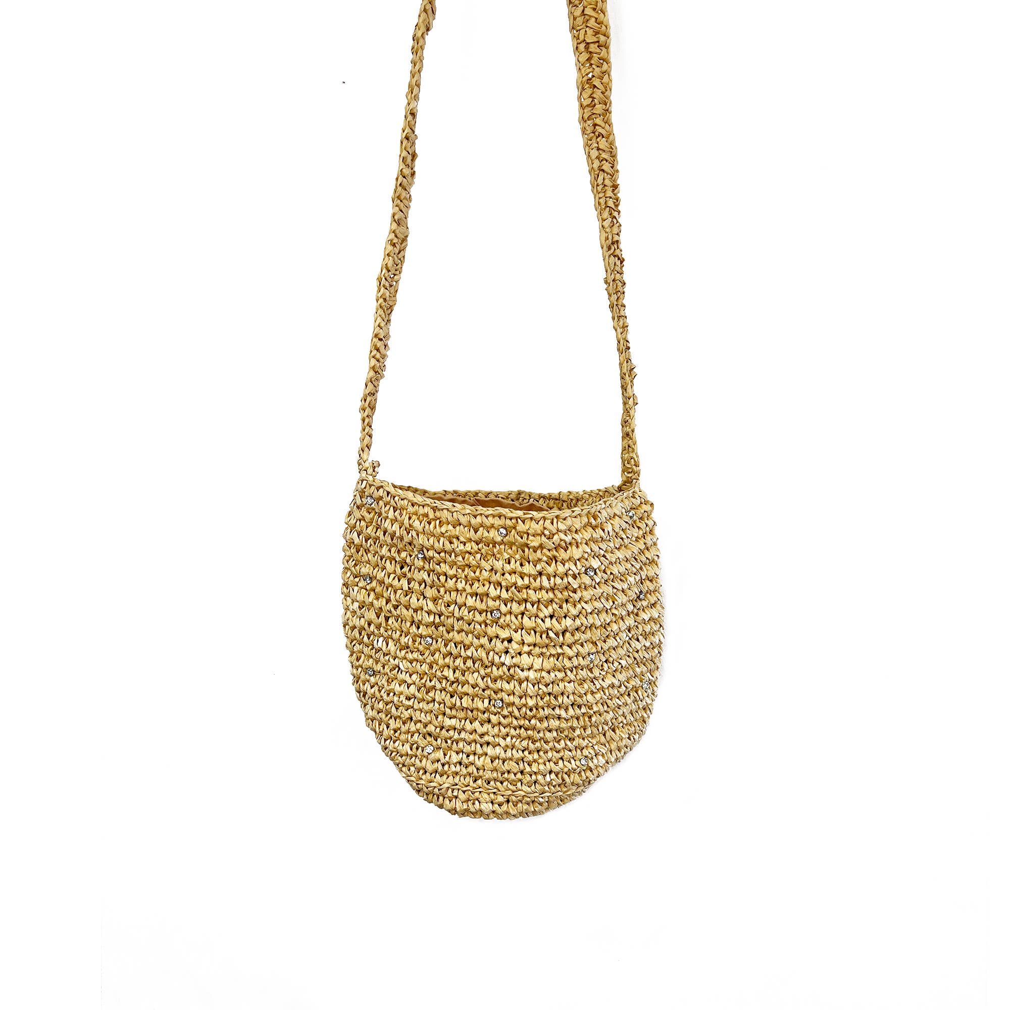 Sylvie Bag - Raffia Bucket Bag with Rhinestones - Natural