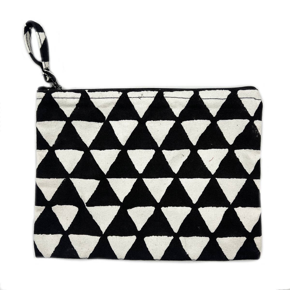 Block-Printed Canvas Zipper Pouch Black Midnight Triangles