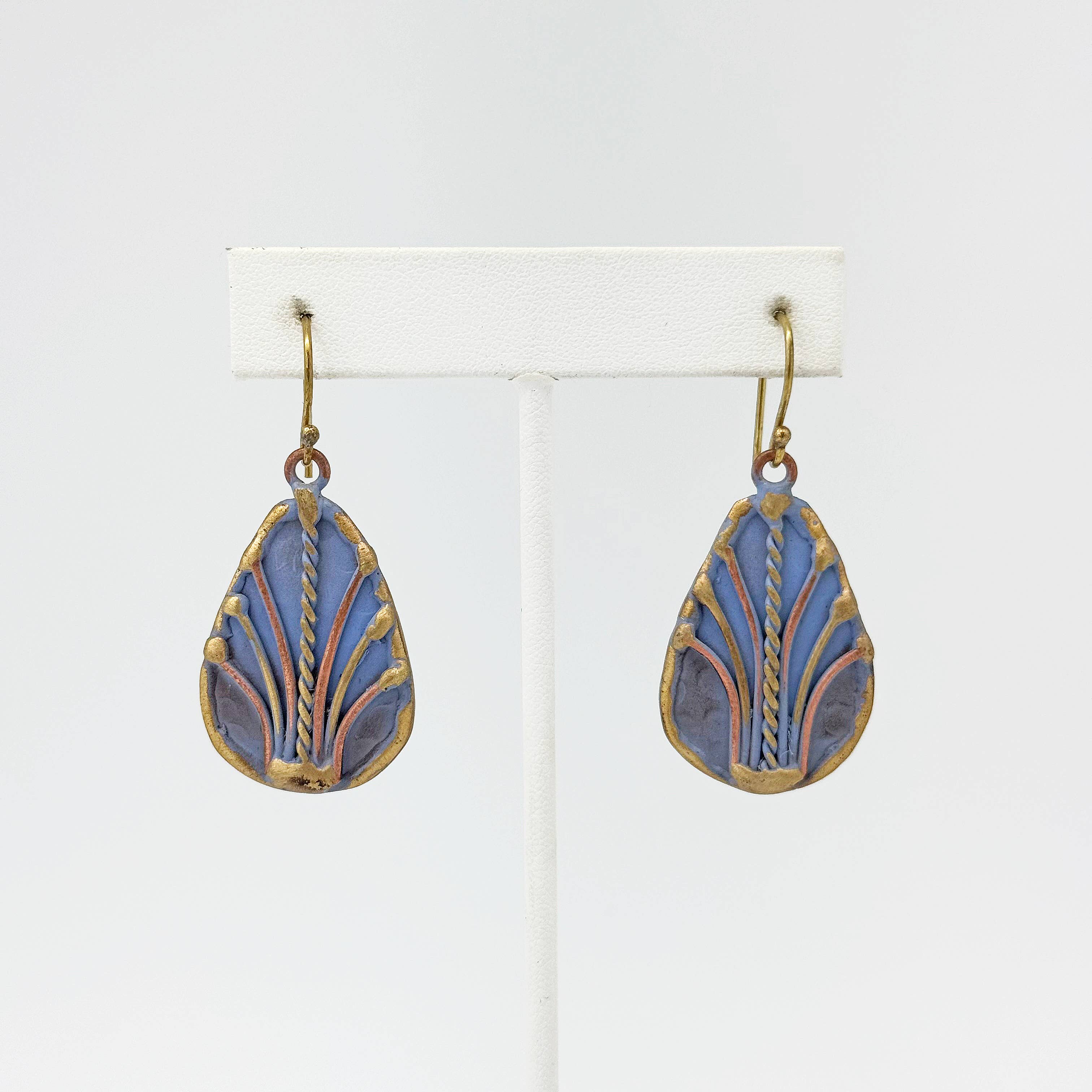 Handcrafted Dusty Blue Art Deco Brass Patina Earrings