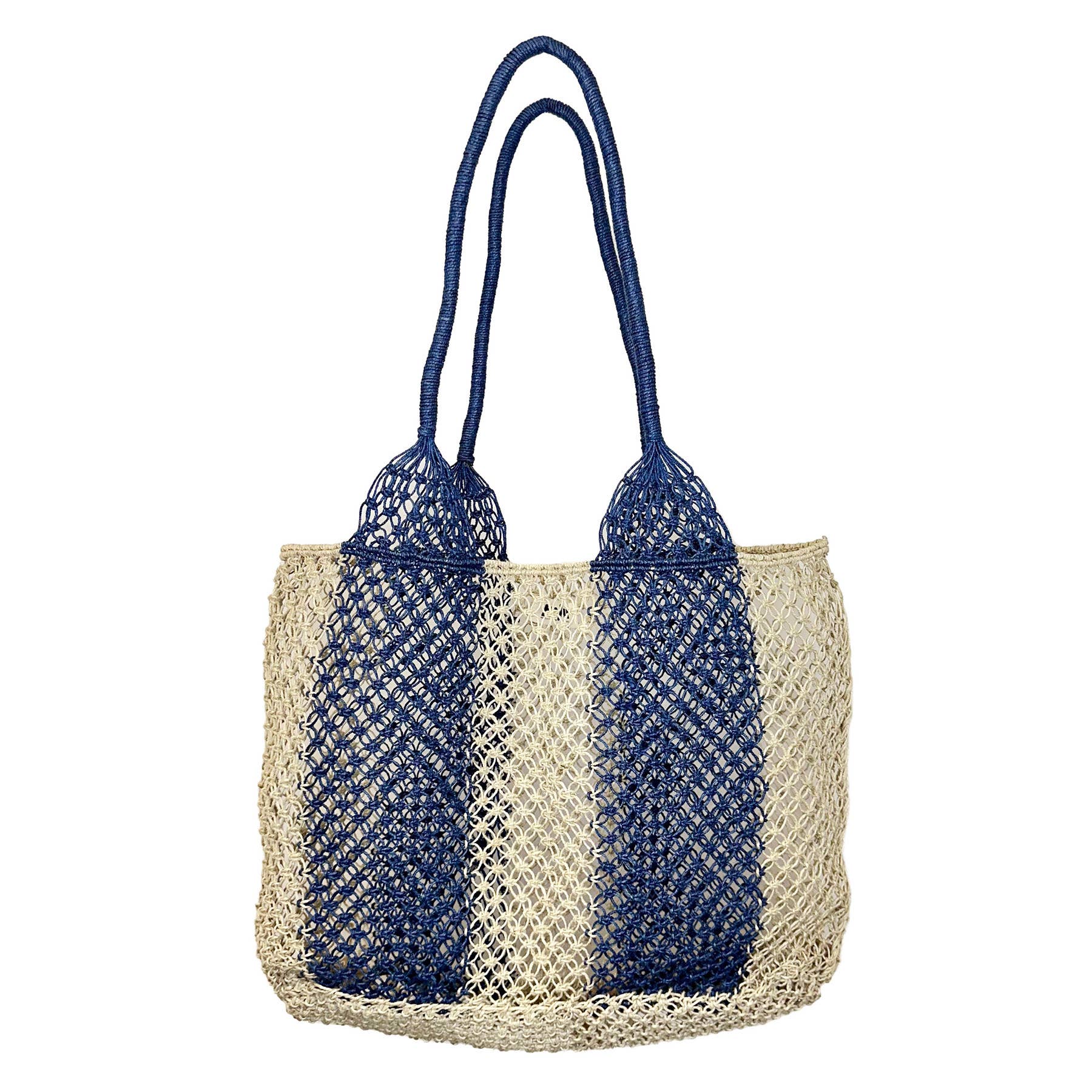 Ariel Woven Jute Striped Beach Bags - Navy