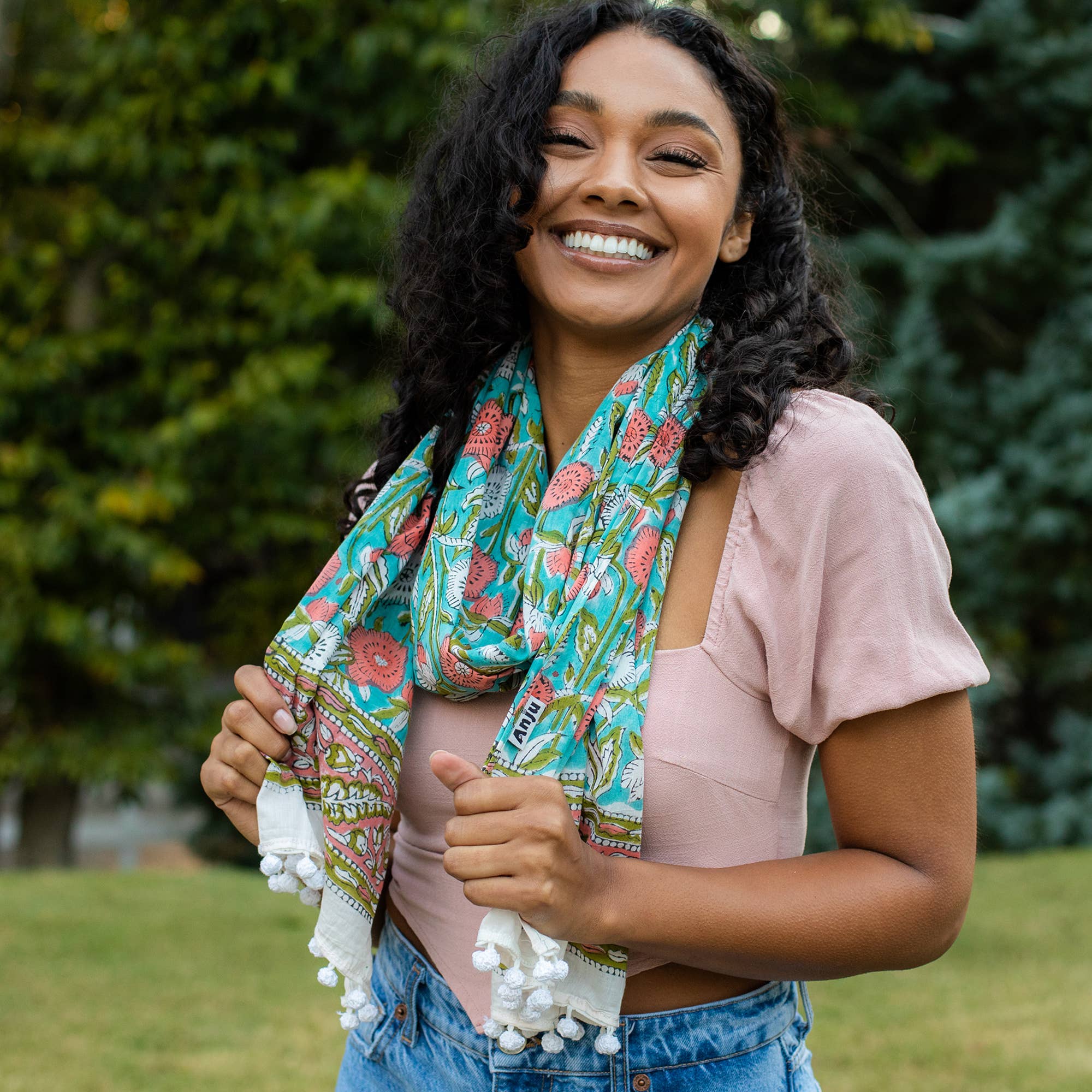 Block Printed Cotton Scarf - Turquoise and Coral Floral