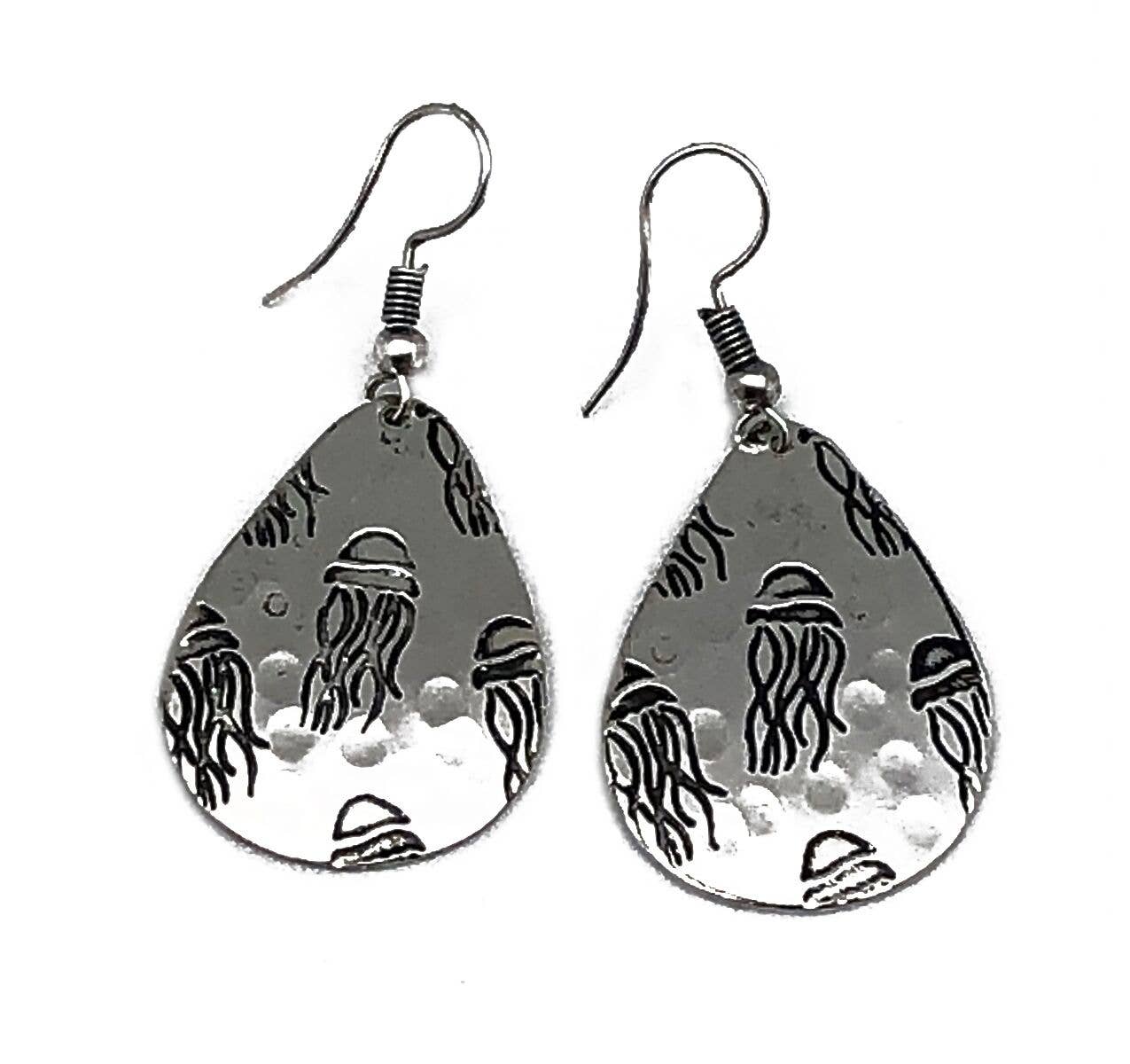 Jellyfish Silver Engraved Earrings