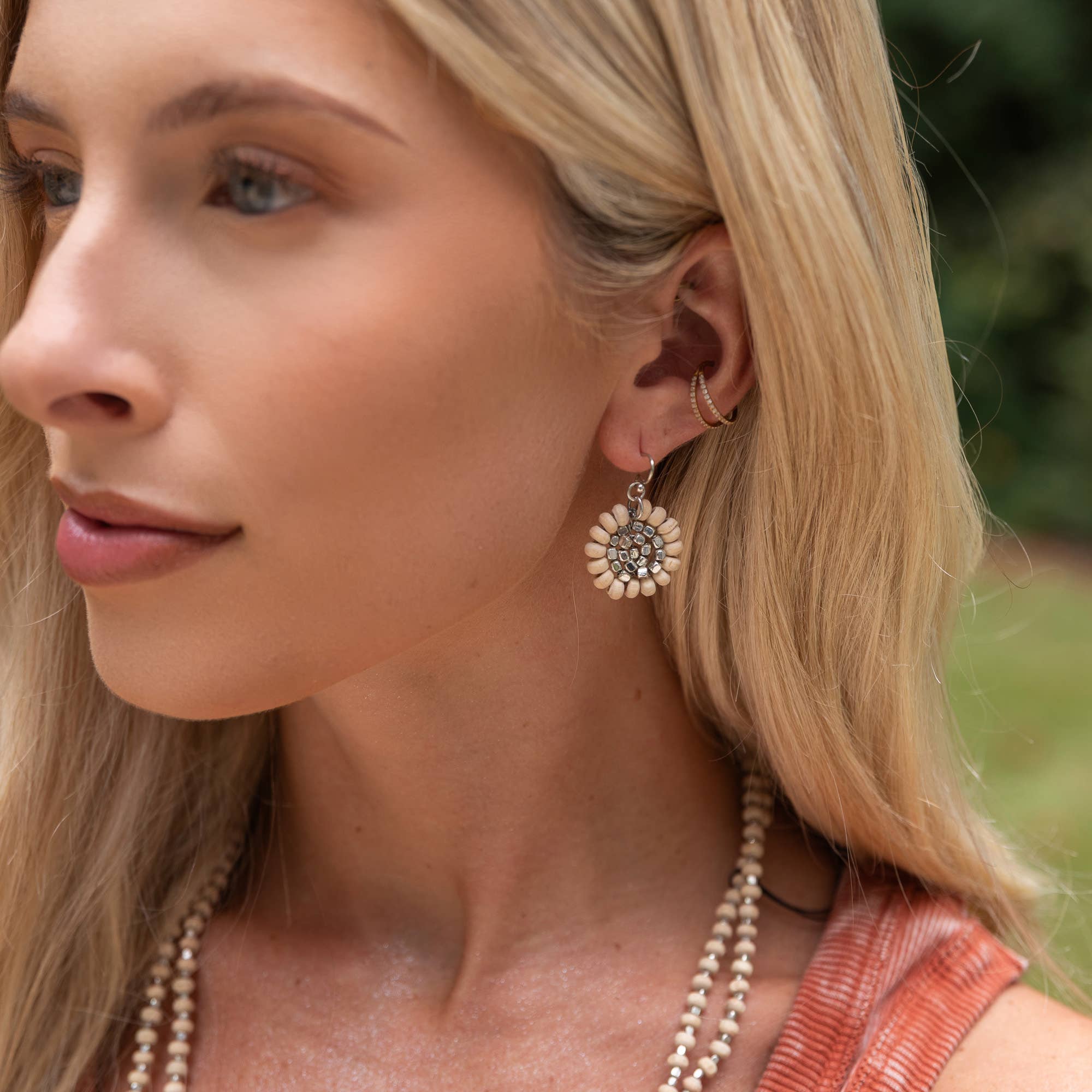 Sachi Wood Bead Flower Earrings - Beige