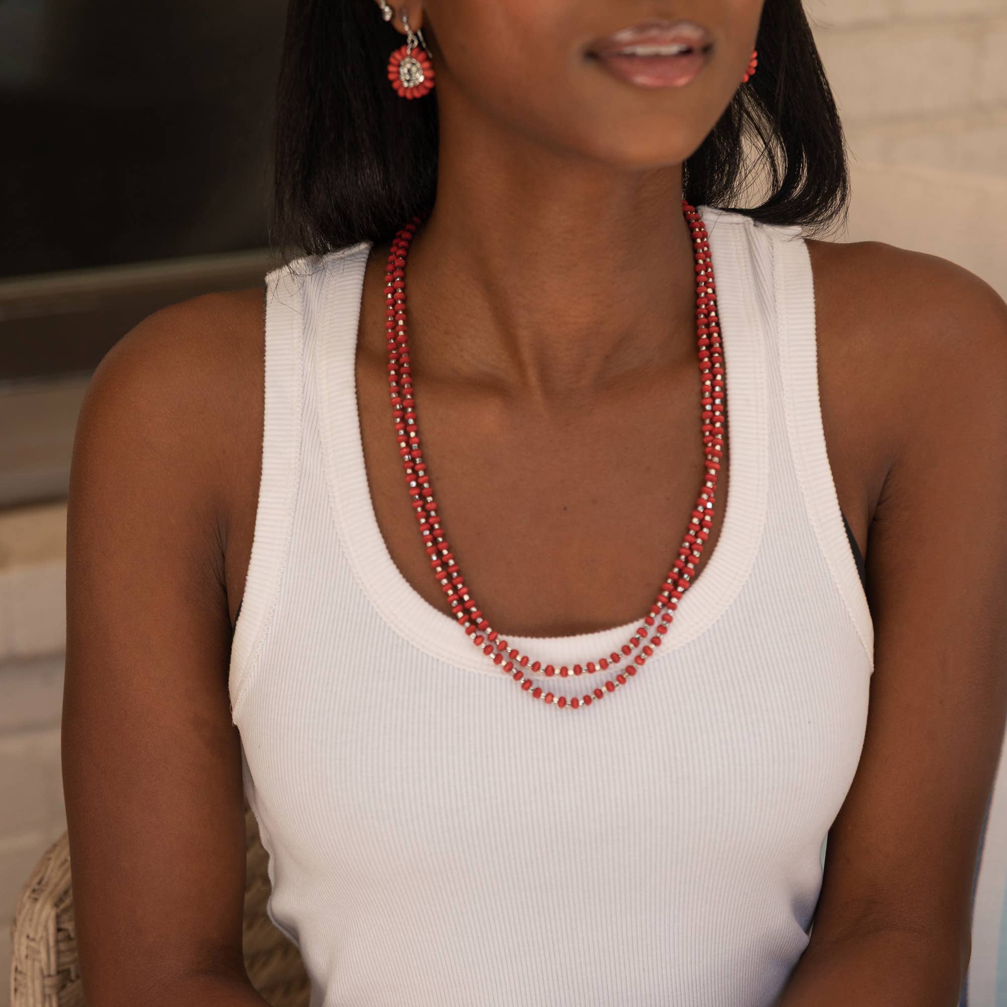 Sachi Long Wood Bead Necklace - Red