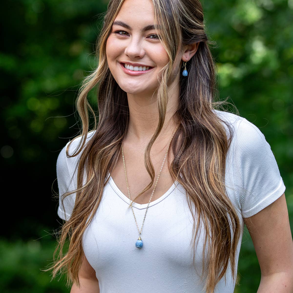 Gold-Plated Blue Lace Agate Teardrop Necklace
