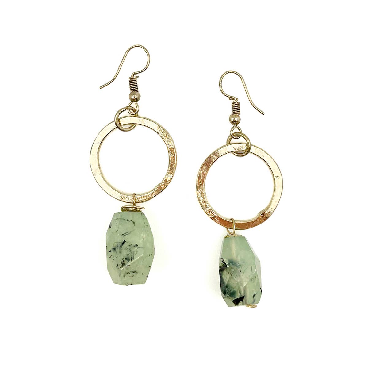 Gold-Plated Long Earrings With Dendritic Prehnite Stones