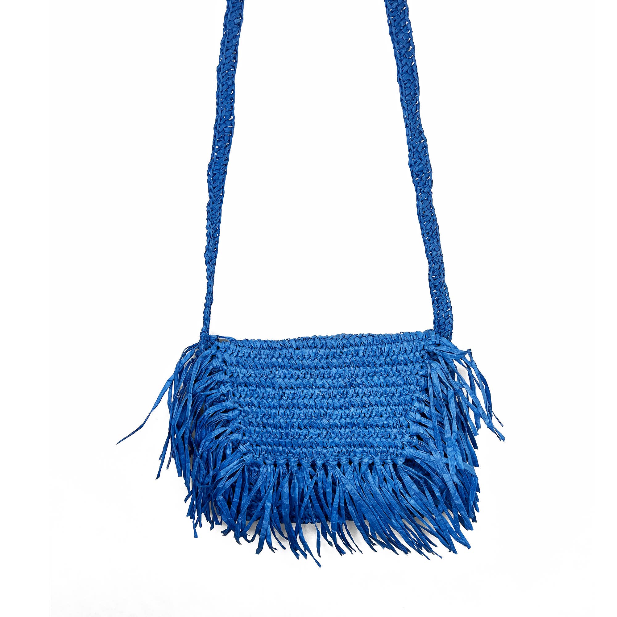 Rhea Bag - Raffia Fringe Envelope Crossbody Bag - Blue