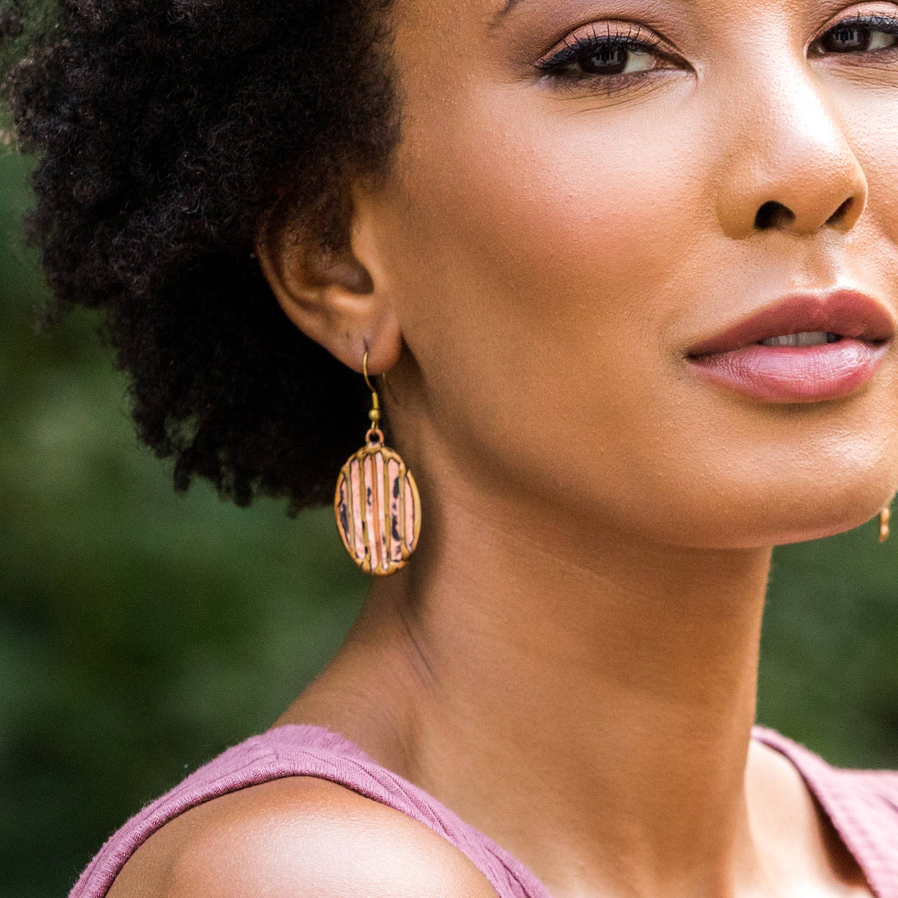 Brass Patina Earrings - Pink Horizontal Bands