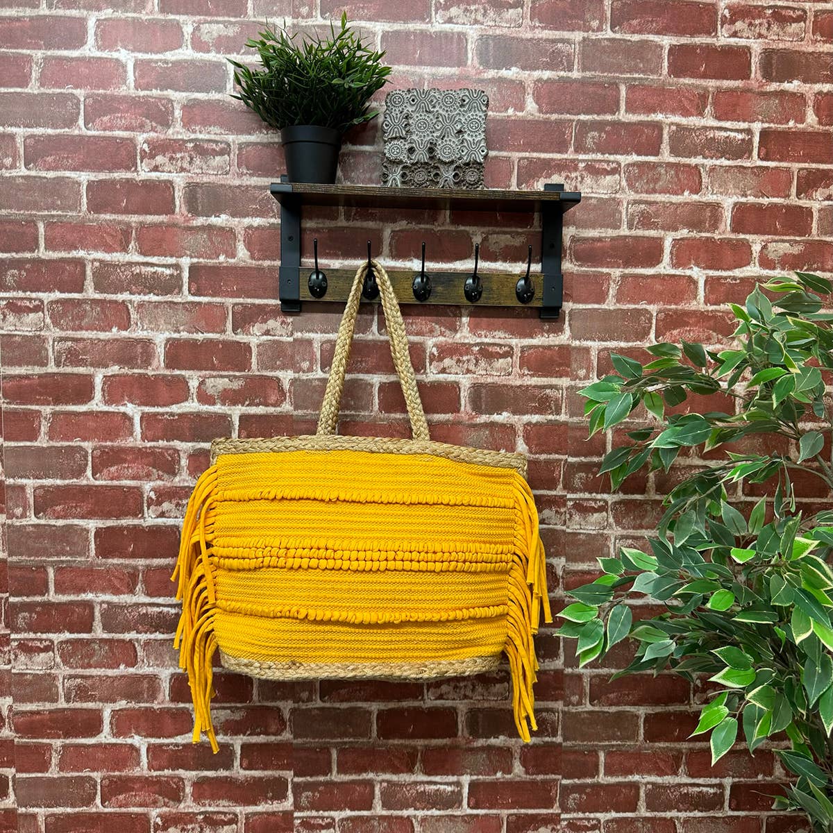 Nora Tote - Jute and Yellow Cotton Tote with Fringes