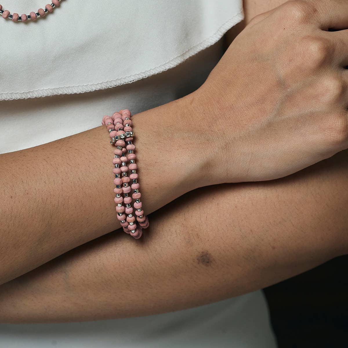 Sachi Wood Bead Wrap Bracelet - Pink