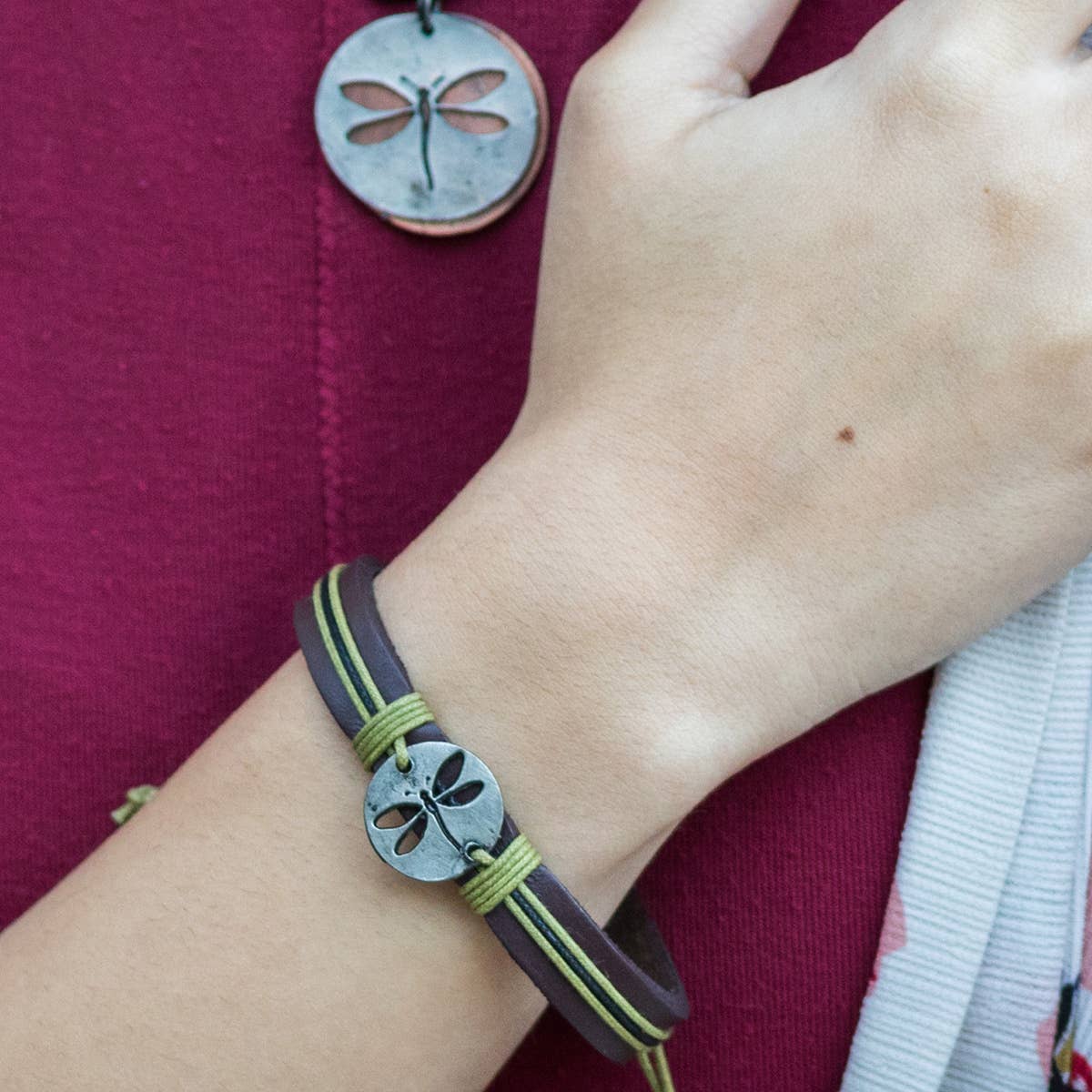 Pull Tie Leather Bracelet - Dragonfly