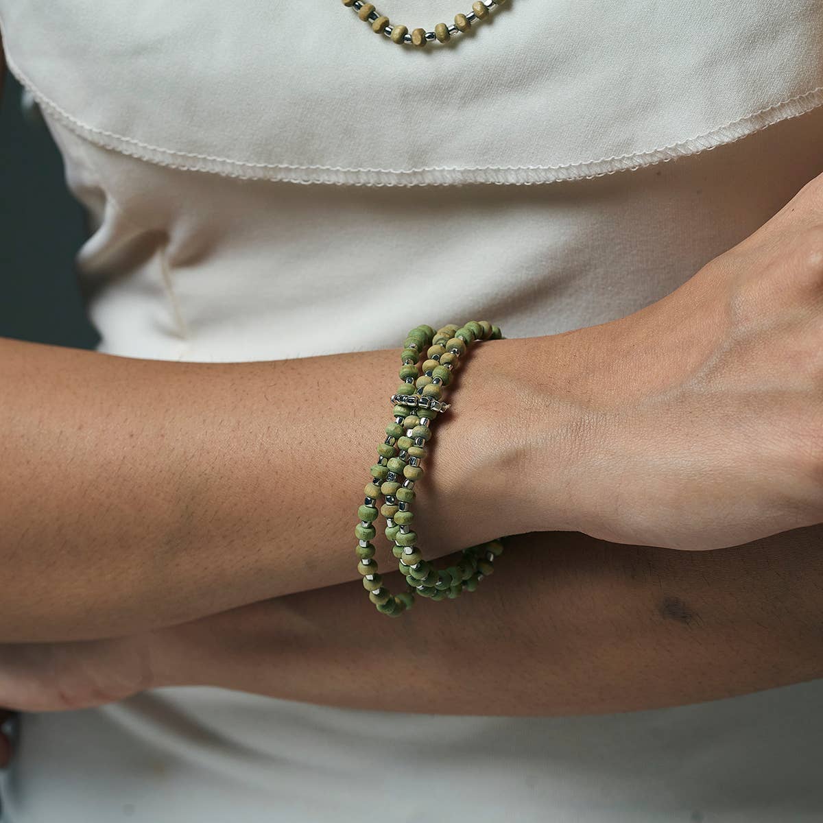 Sachi Wood Bead Wrap Bracelet - Sage