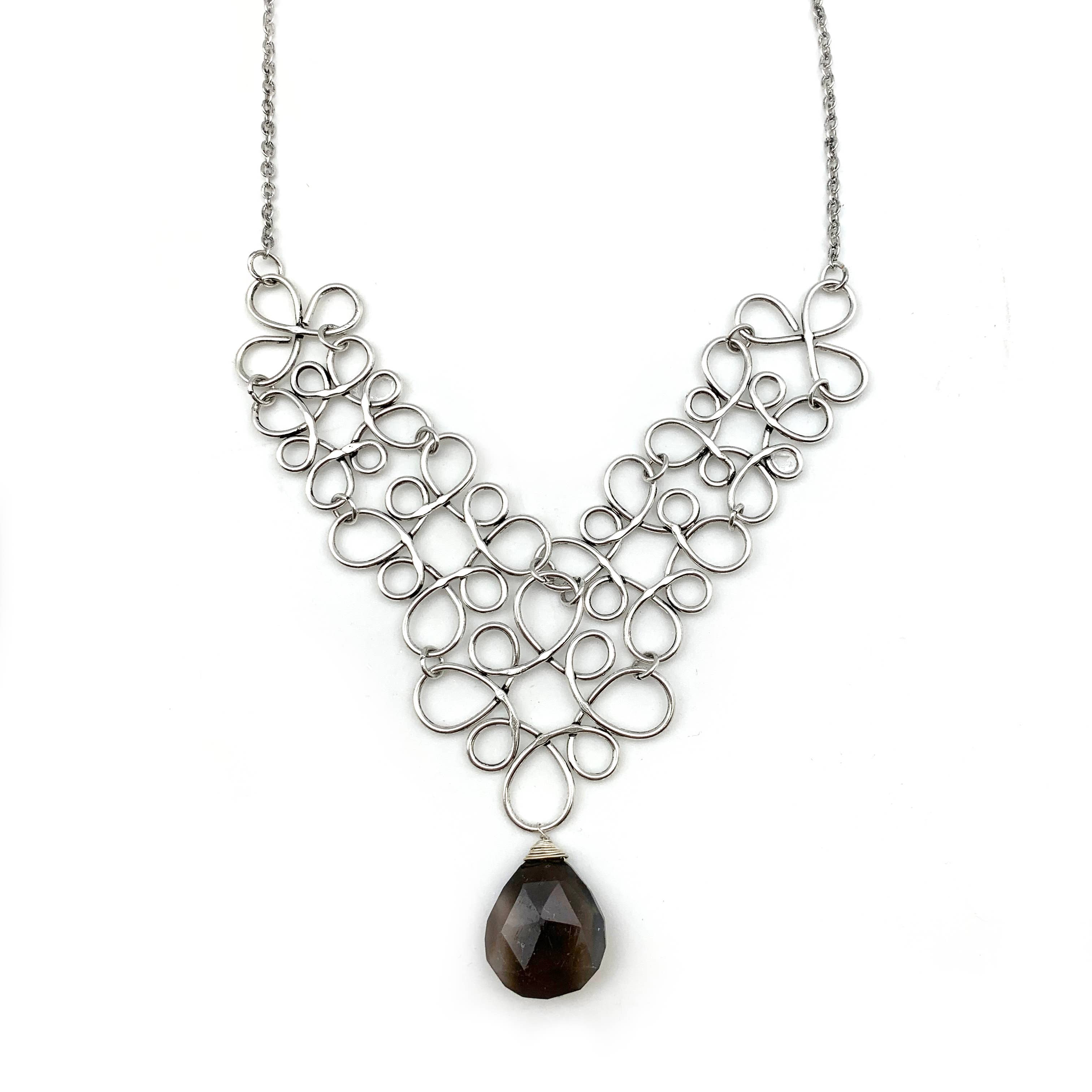 Silver Plated Necklace - Curly Square and Grey Agate