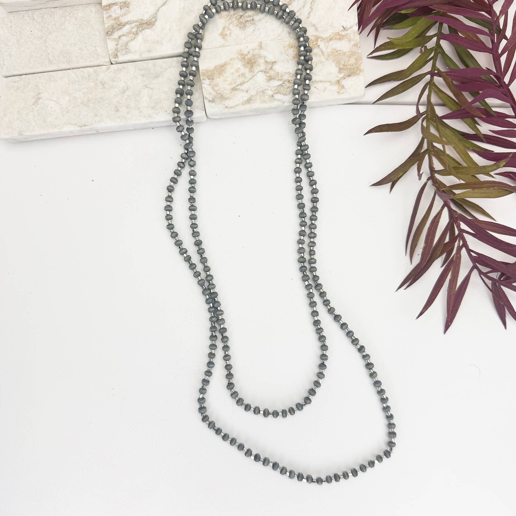 Sachi Long Wood Bead Necklace - Grey