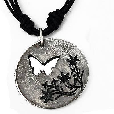Pewter Necklace - Butterfly with Flowers