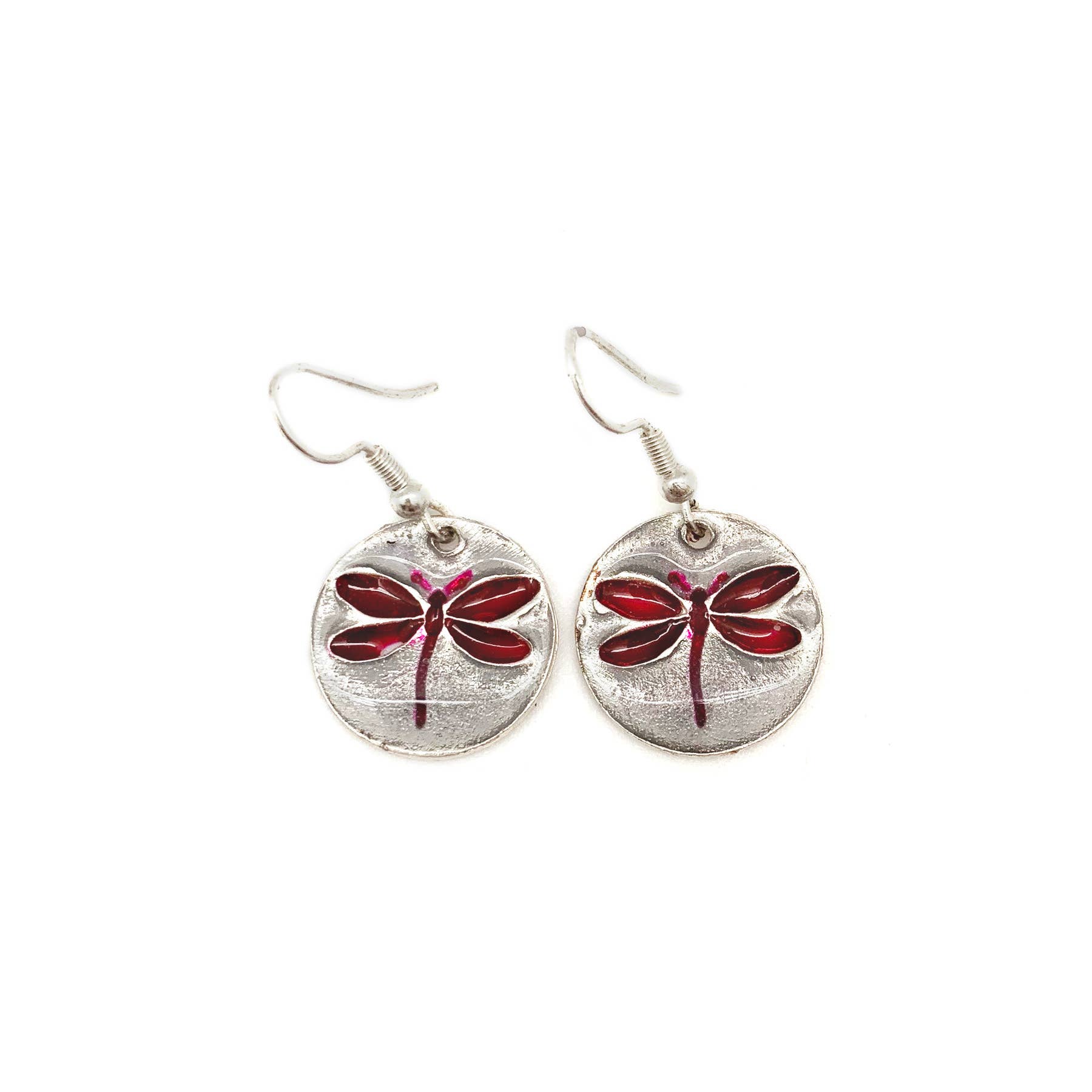 Pewter Earrings w/ Color Enamel - Dragonfly Raspberry/Grey