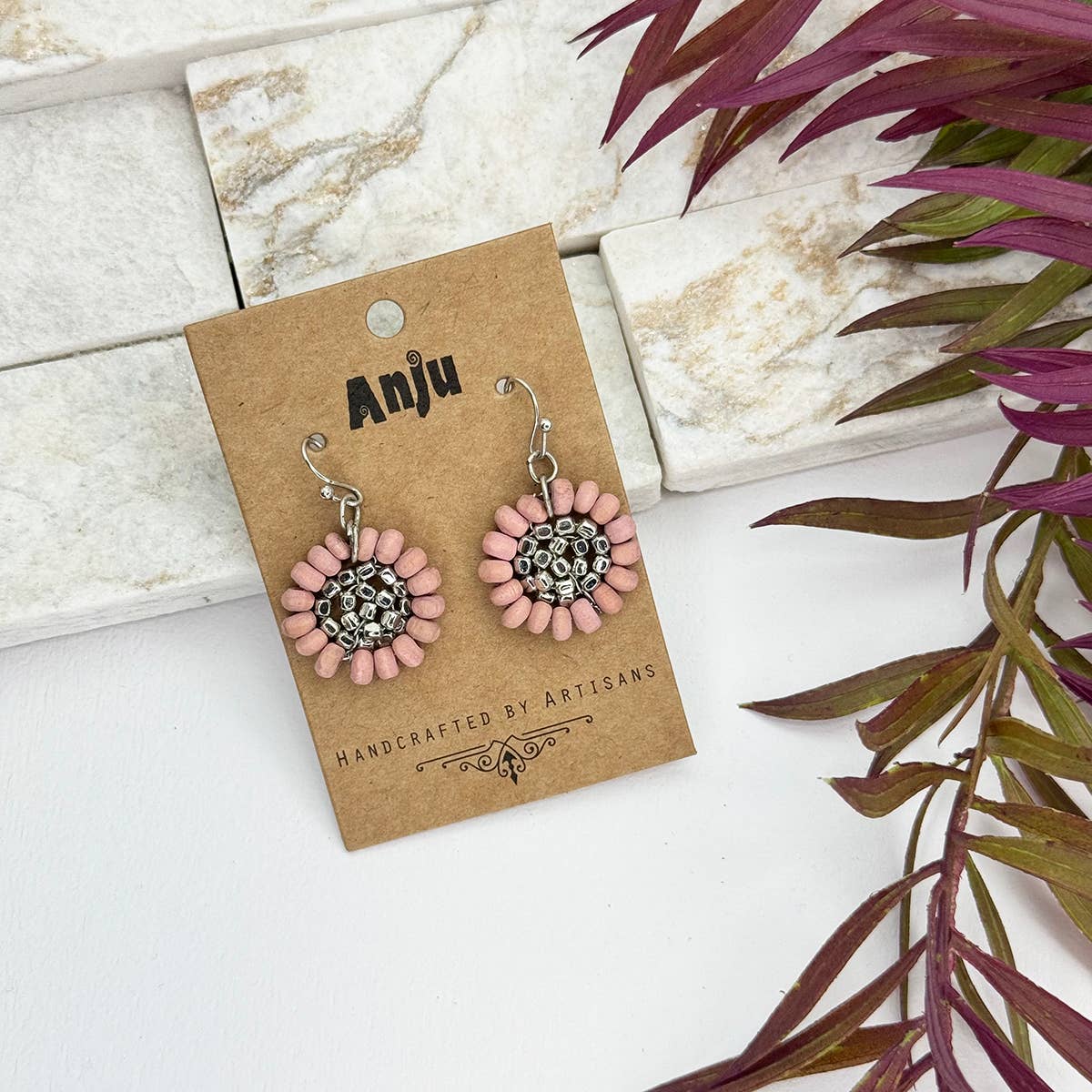 Sachi Wood Bead Flower Earrings - Pink