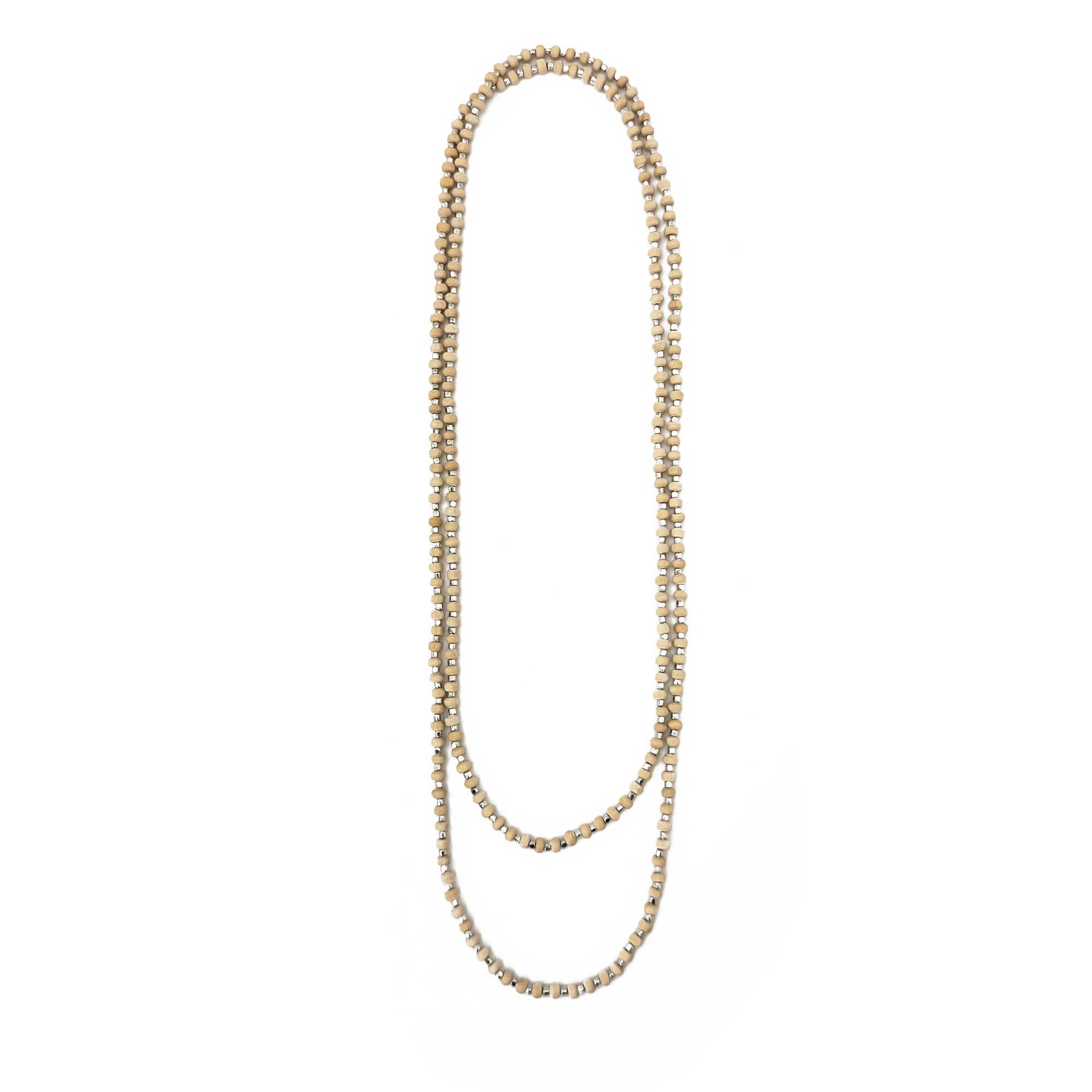 Sachi Long Wood Bead Necklace - Beige