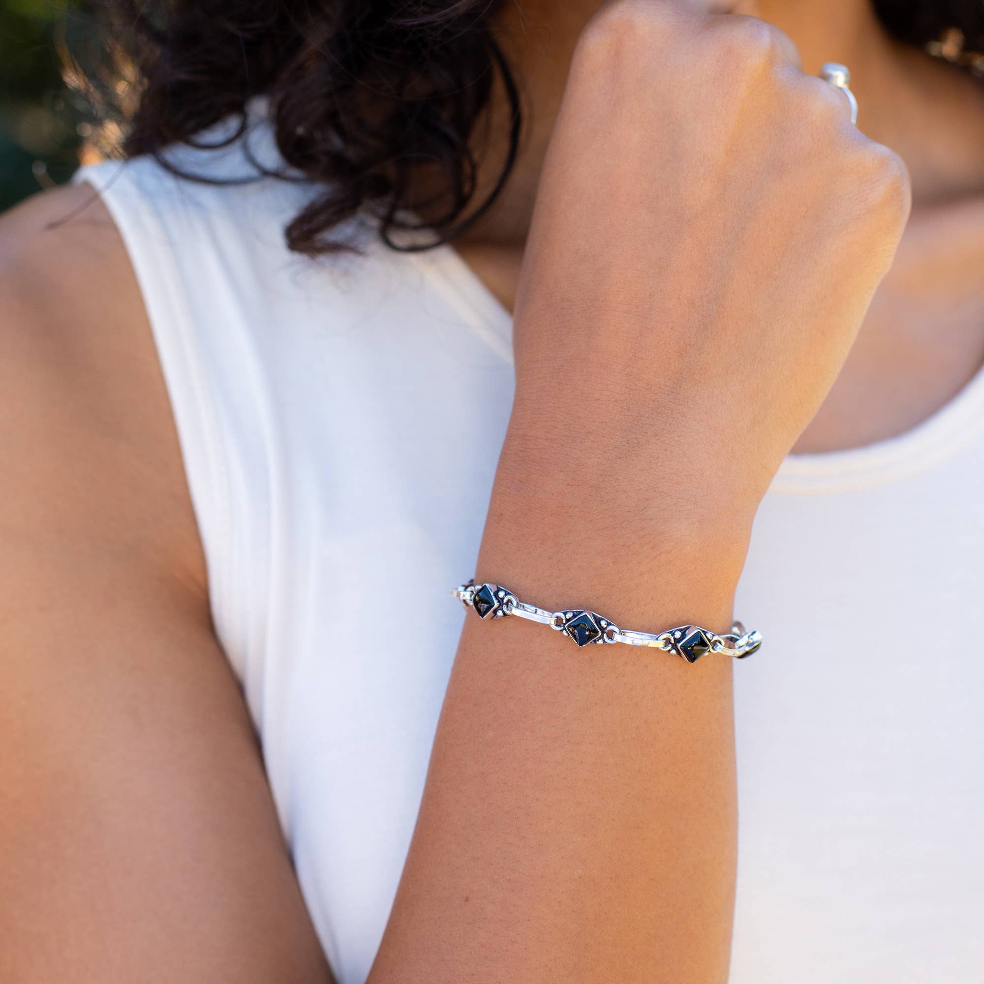 Tanvi Silver Link Bracelet - Black Onyx Squares