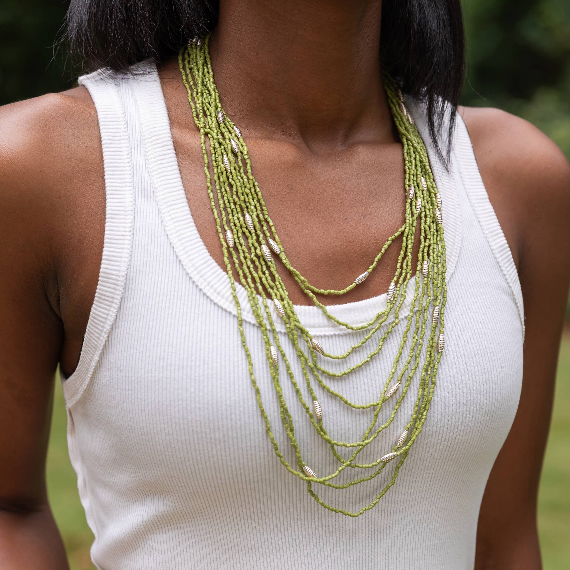 Seed Bead Multi-Strand Necklace - Olive Green