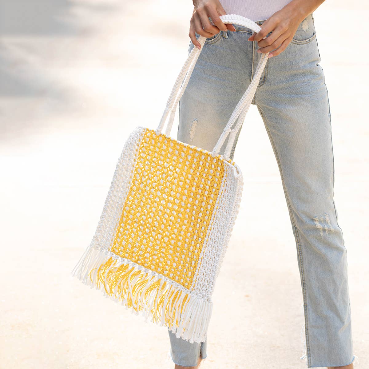 Millie Bag - Knitted Raffia Bag with fringes - Yellow