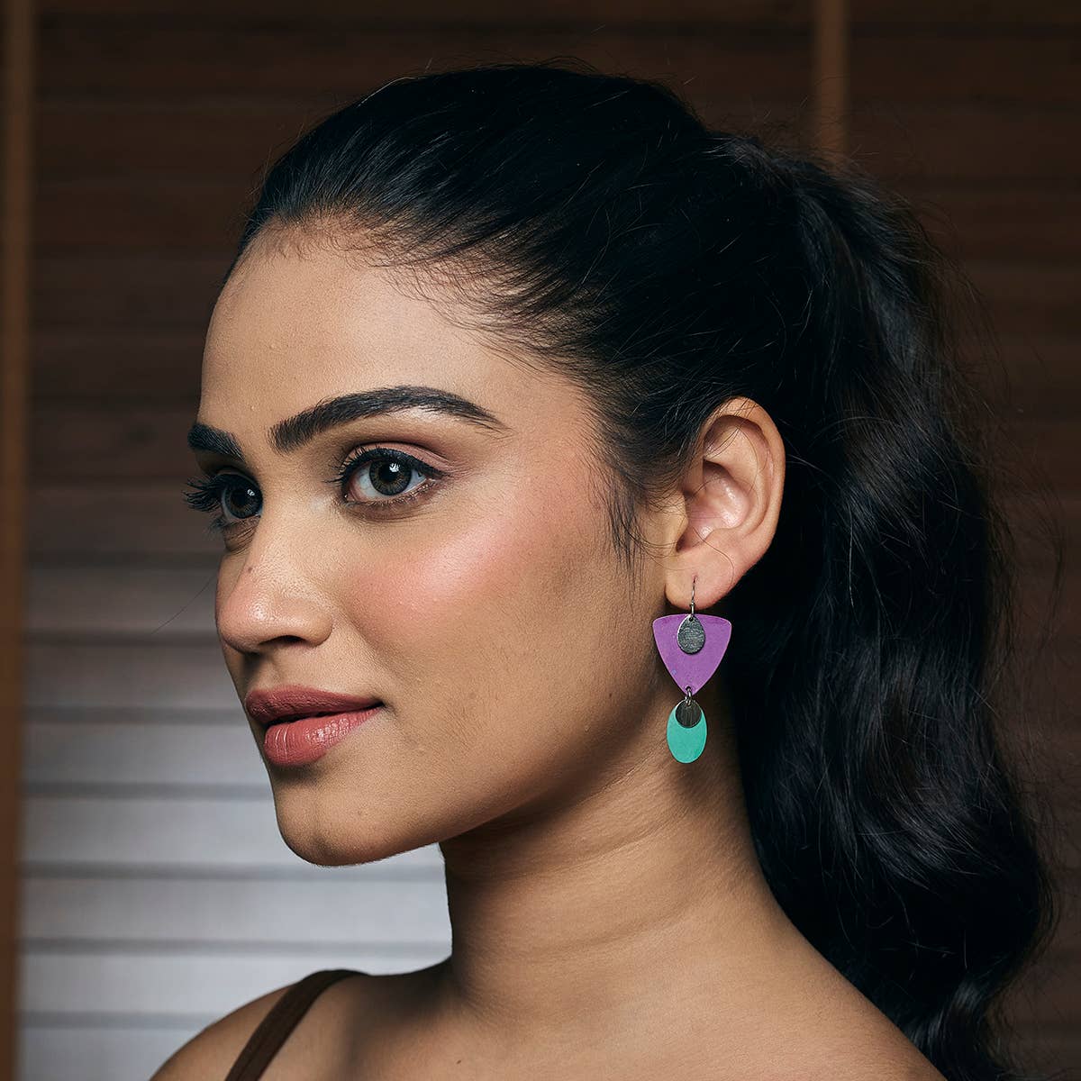 Handcrafted Purple & Green Patina Triangle Earrings