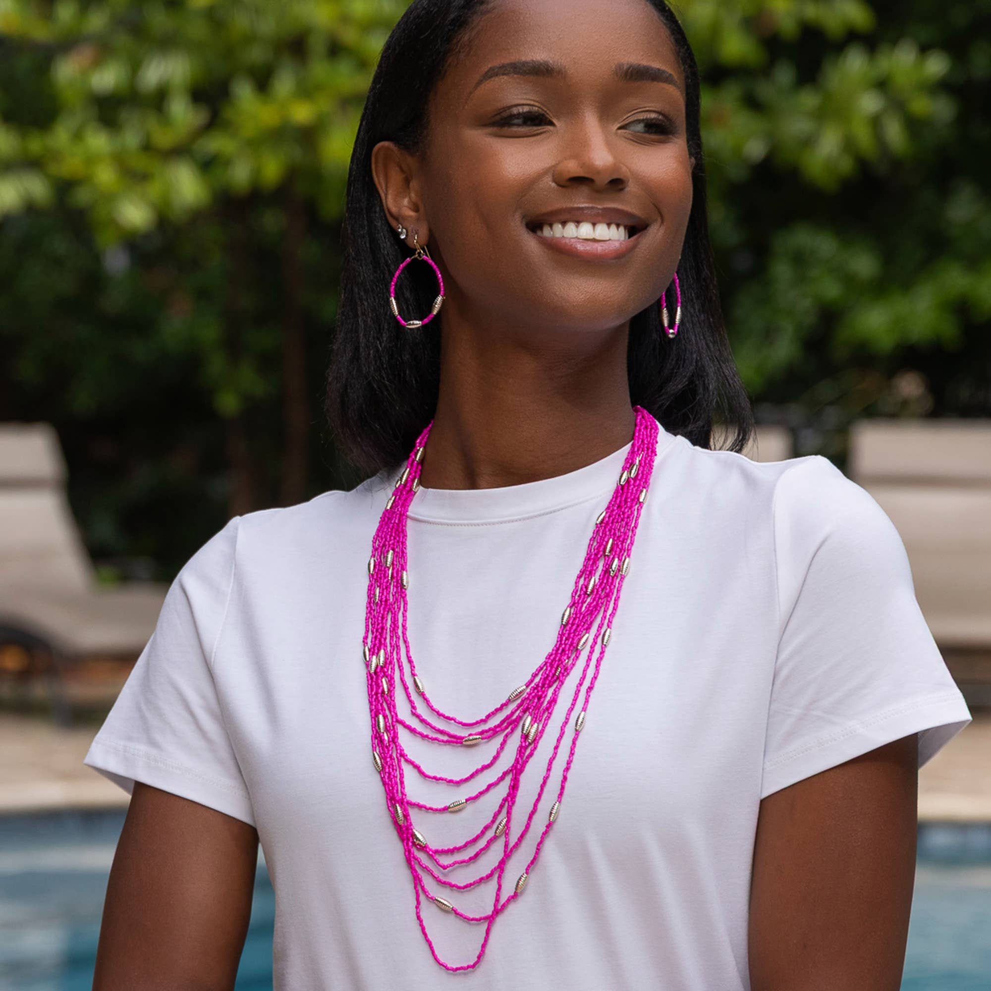 Seed Bead Multi-Strand Necklace - Fuchsia