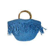Santorini Bag - Blue Raffia Fringe Bag with Wood Handle