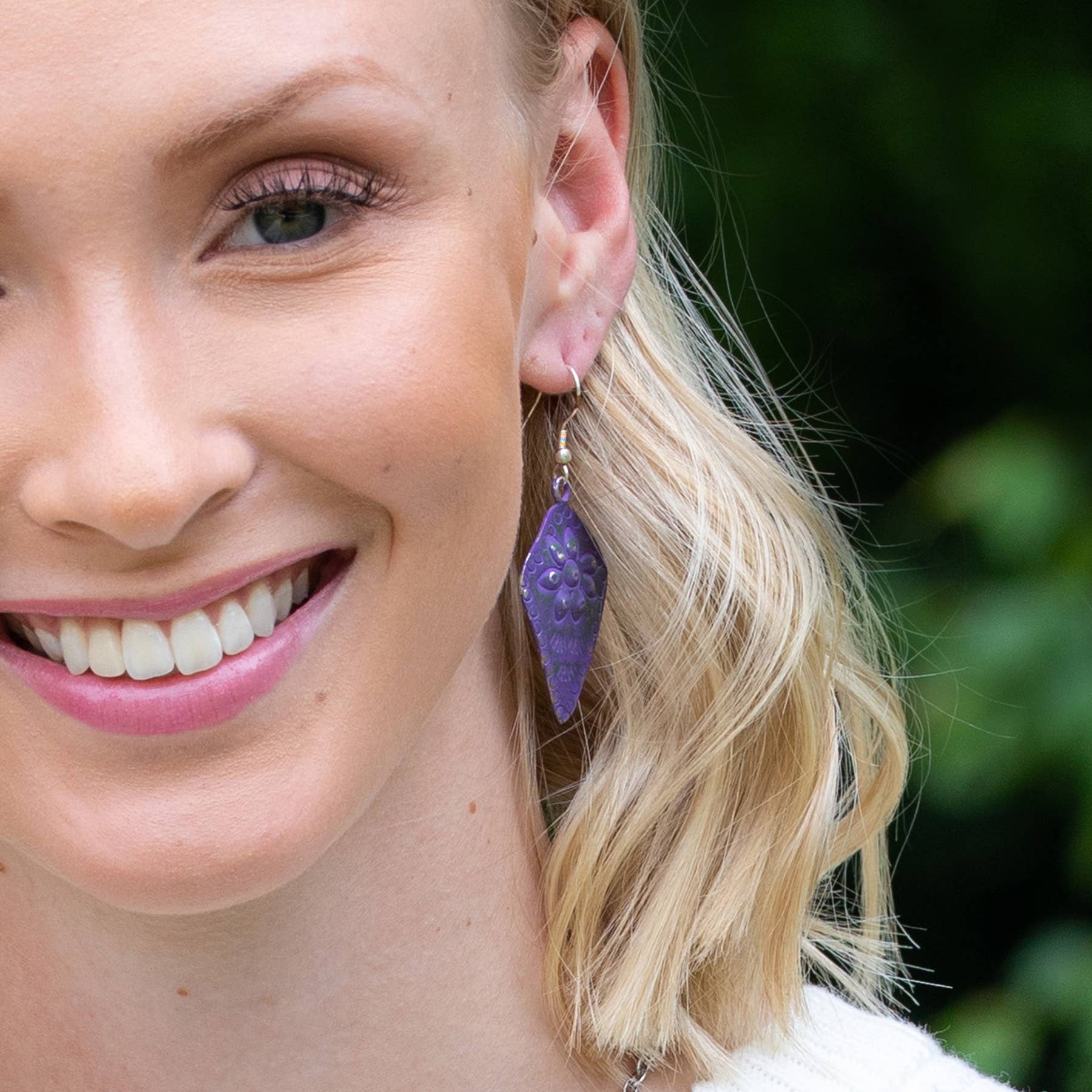 Silver Patina Earrings - Purple Floral Diamond