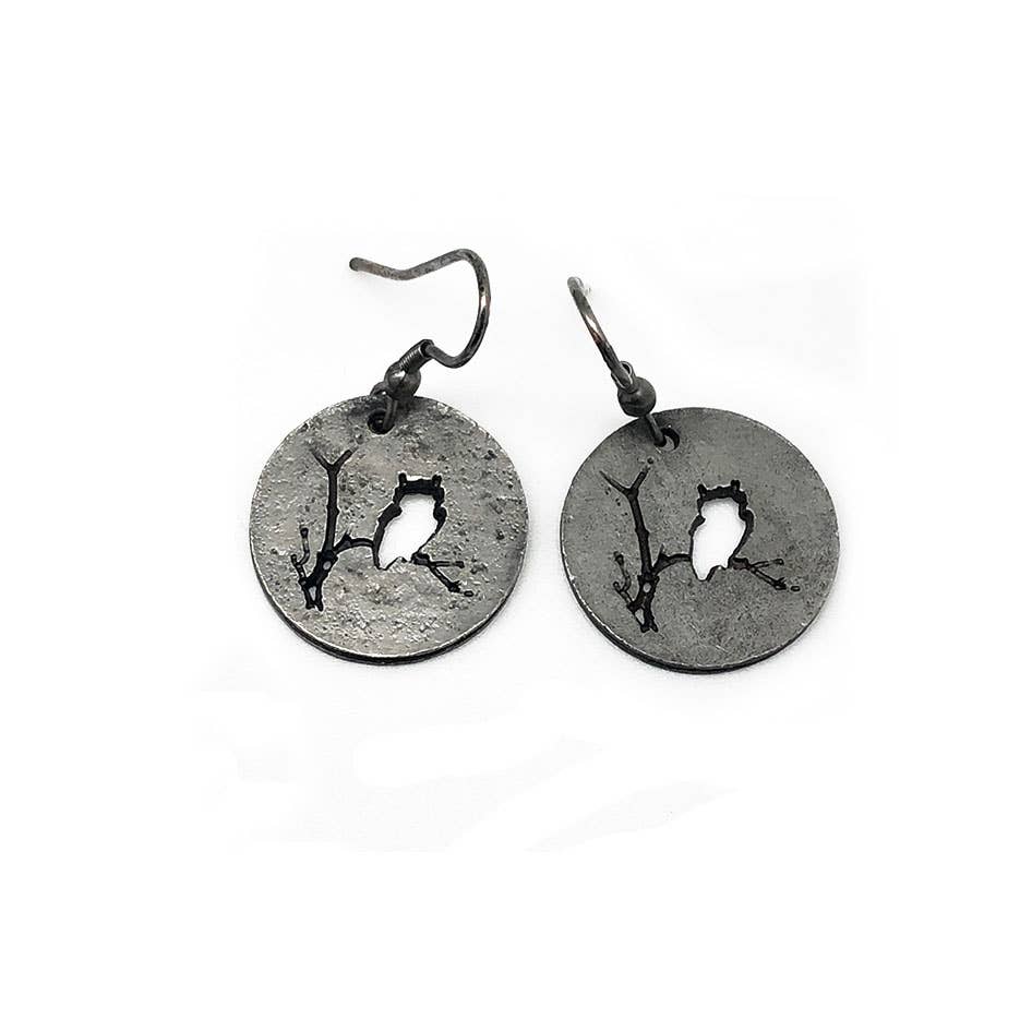 Pewter Earrings - Owl on Branch