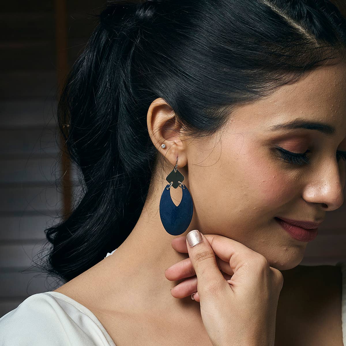 Handcrafted Royal Blue Patina Cutout Oval Earrings