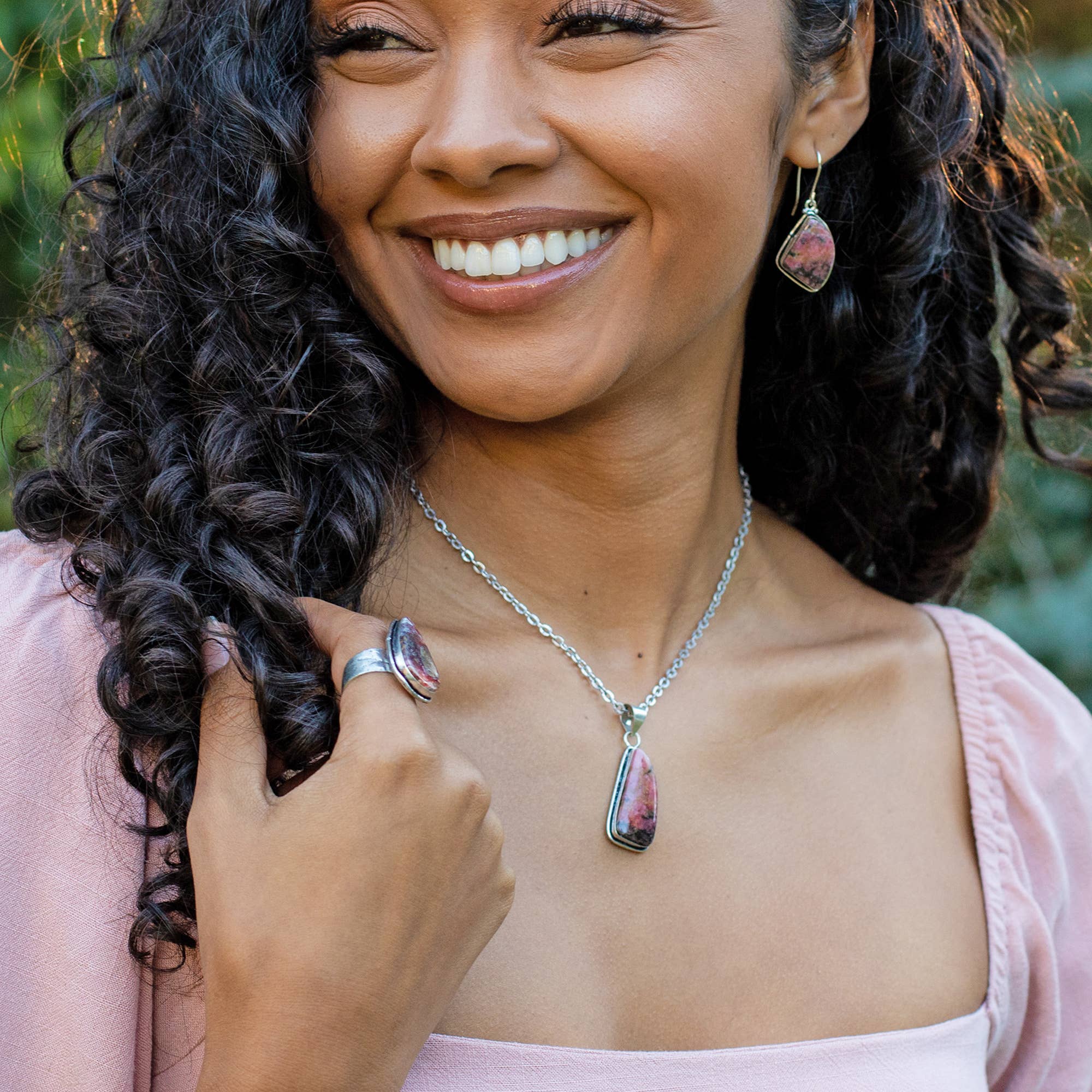 Hancrafted Semiprecious Large Stone Necklace - Rhodonite