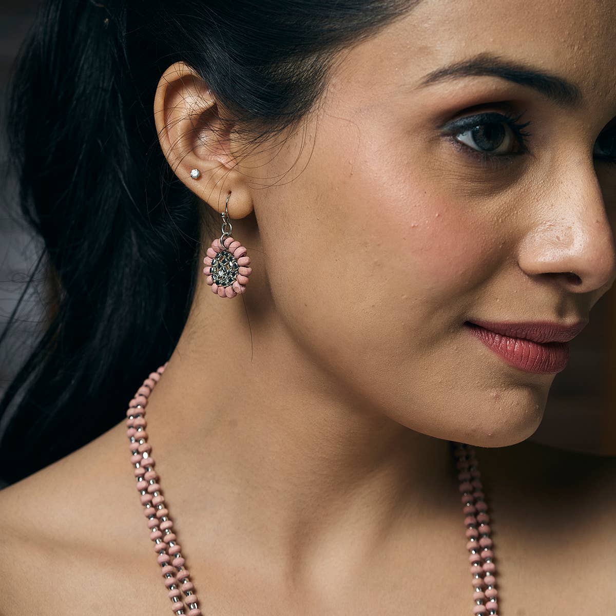 Sachi Wood Bead Flower Earrings - Pink