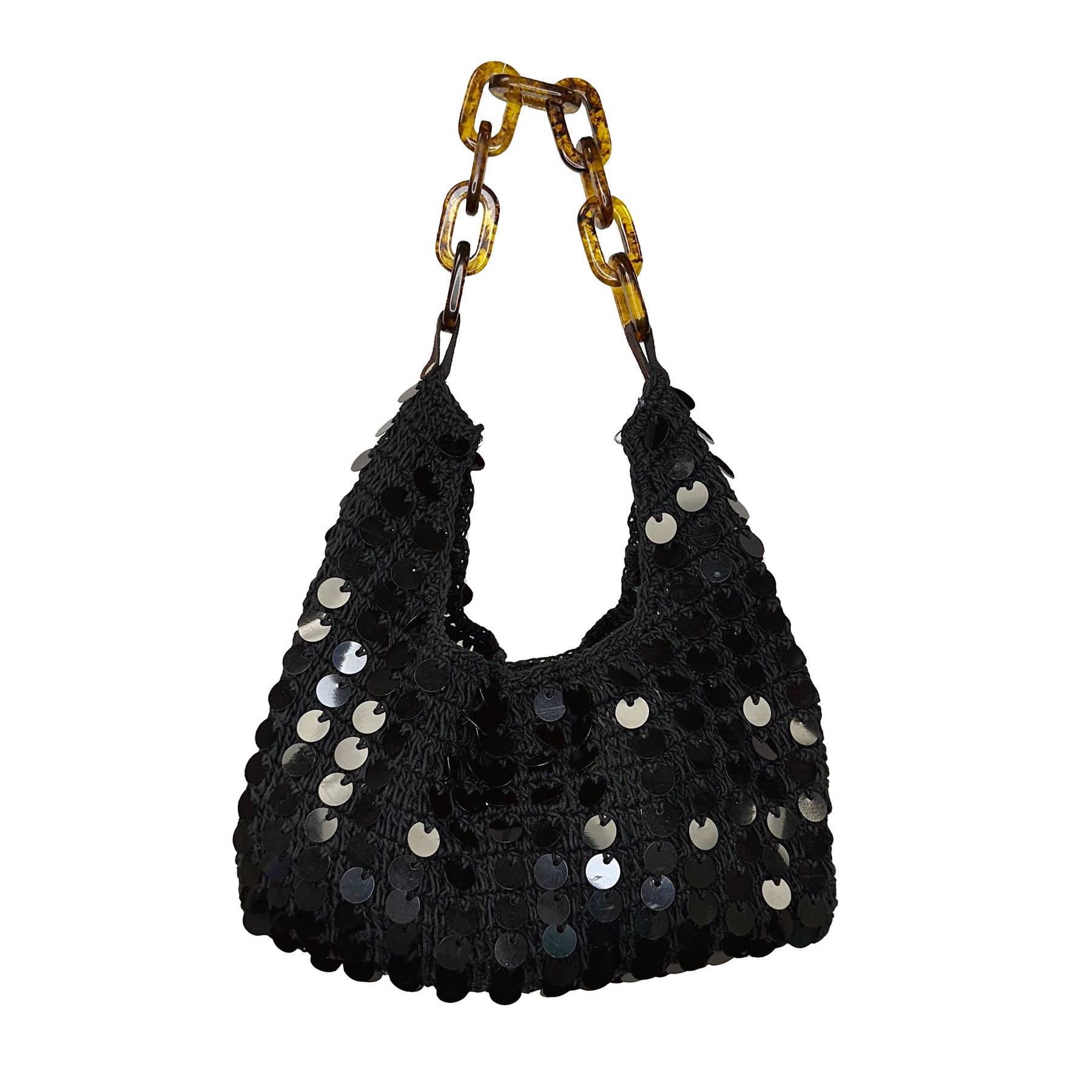 Mia Cotton Purse With Sequins and Chain Handle - Black