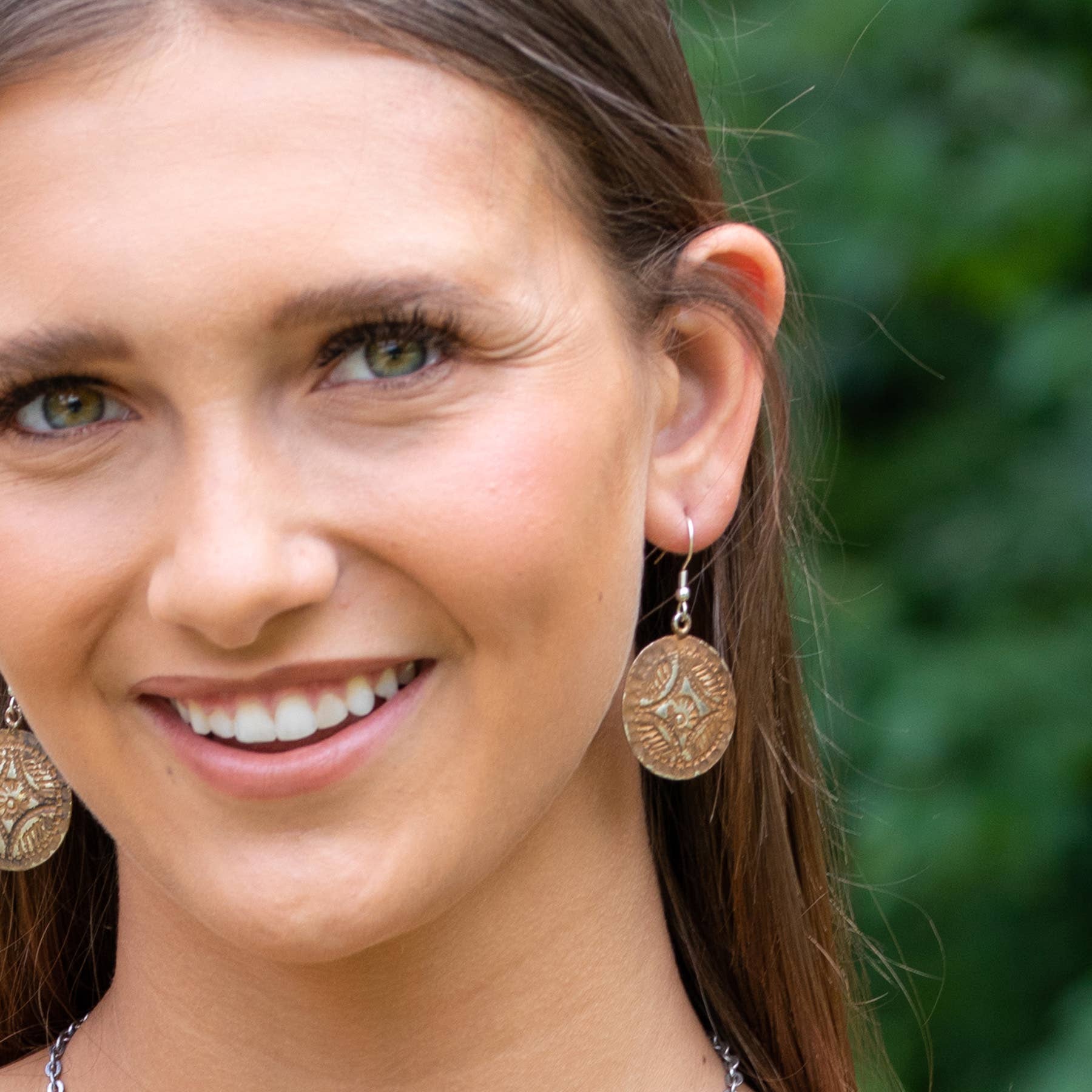 Silver Patina Earrings - Brown Medallion Circle