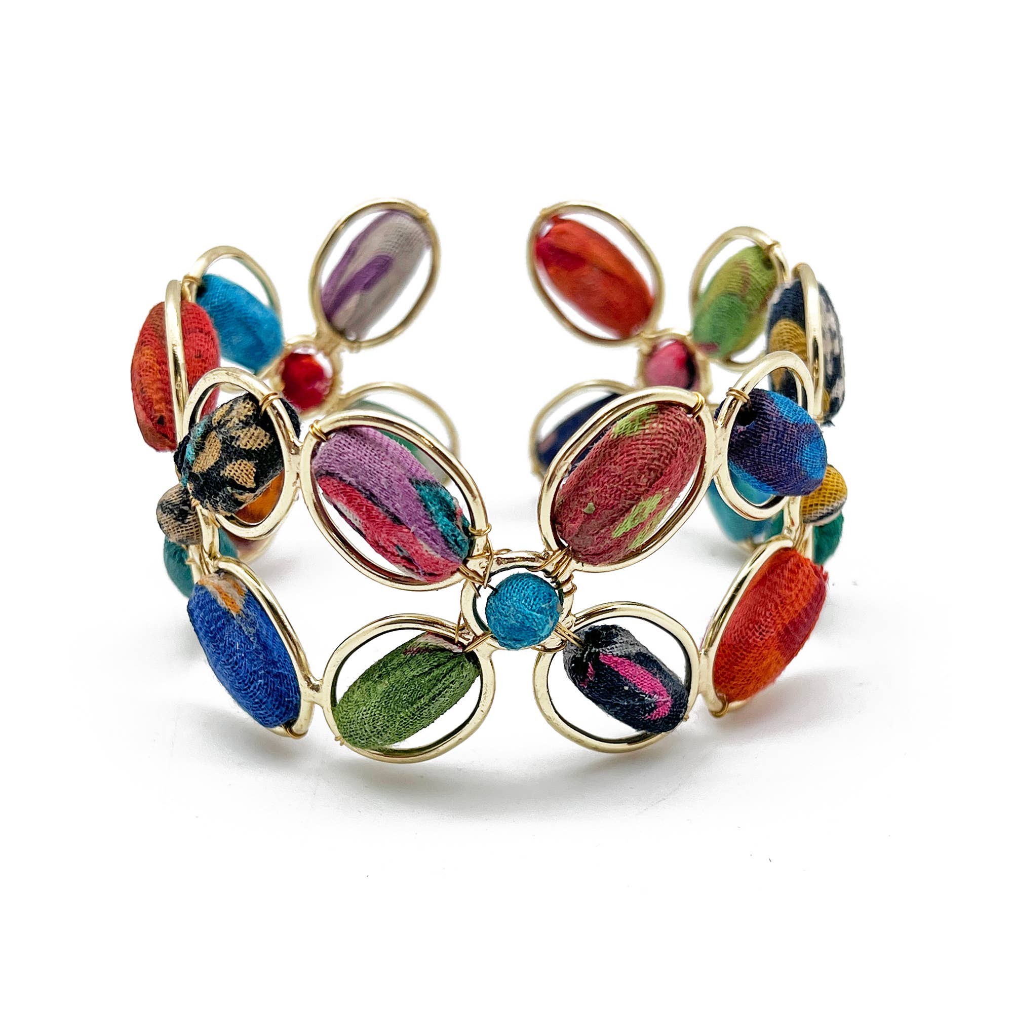Aasha Kantha Handcrafted Oval Bead Flower Cuff Bracelet